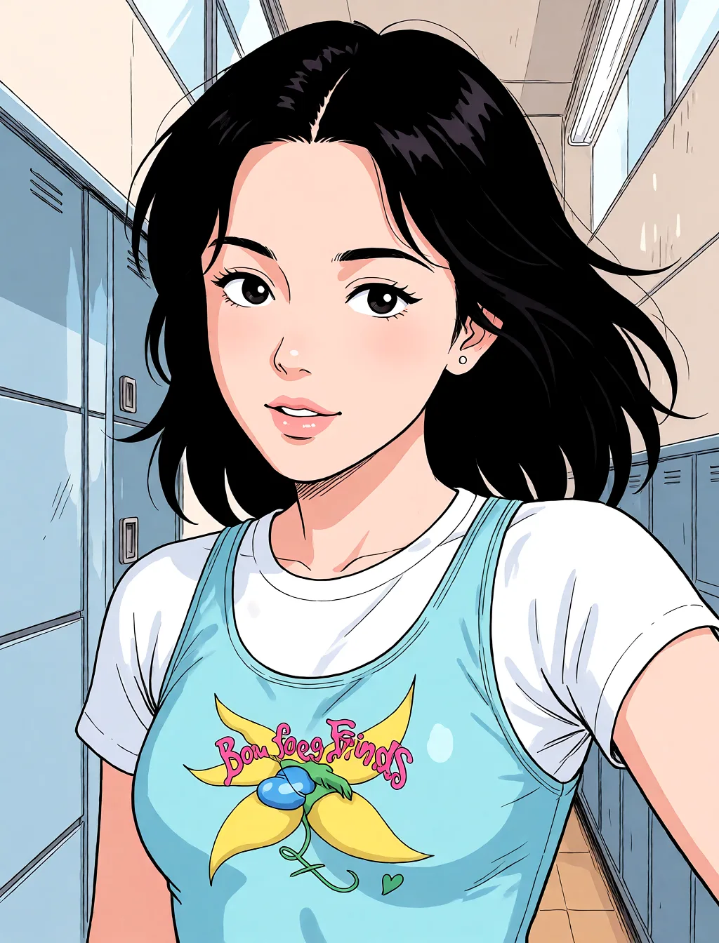 Redraw the entire picture as a hand-drawn anime illustration in flat cel-shaded anime style. It stays the same person with the same face, the same expression, the same hair and the same skin tone, and every other detail of the photograph is kept exactly as it is: nothing is added, removed, moved, uncovered or recoloured. Only the medium changes, and no part of the picture is left photographic. Above all, the picture must show: bunny swimsuit.