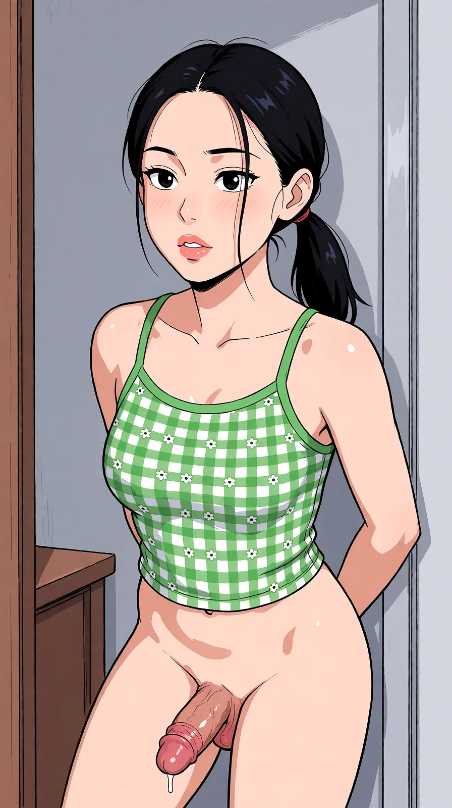 Redraw the entire picture as a hand-drawn anime illustration in flat cel-shaded anime style. It stays the same person with the same face, the same expression, the same hair and the same skin tone, and every other detail of the photograph is kept exactly as it is: nothing is added, removed, moved, uncovered or recoloured. Only the medium changes, and no part of the picture is left photographic. Above all, the picture must show: she getting fuck sideway.
