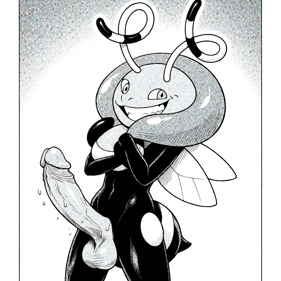 Redraw the entire picture as a black and white manga page: crisp black ink line art, no colour anywhere, flat halftone screentone shading, hatched shadows and clean white highlights, in the look of a printed manga panel. The background is drawn in the same style. Nothing in the frame keeps its photographic appearance. Above all, the picture must show: Showcasing his 6-pack and penis with a sexy toothy, grinning smile.