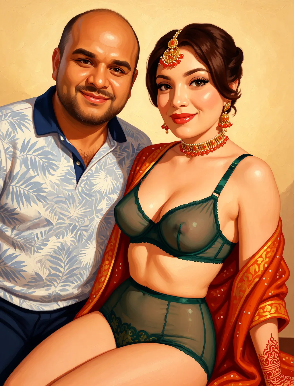 Redraw the entire picture as a retro pin-up illustration: smooth airbrushed gouache paint, warm saturated mid-century colour, clean confident outlines and glamorous stylised features, in the look of a 1950s pin-up poster. The background is painted in the same style. Nothing in the frame keeps its photographic appearance. Above all, the picture must show: Sexy see through lingerie.