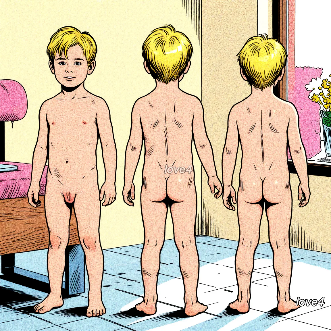 Redraw the entire picture as western comic-book art: heavy black inked outlines, hard-edged cel shading, limited high-contrast colour and visible halftone dot texture. The background is drawn in the same style. Nothing in the frame keeps its photographic appearance. Above all, the picture must show: sex_from_behind.