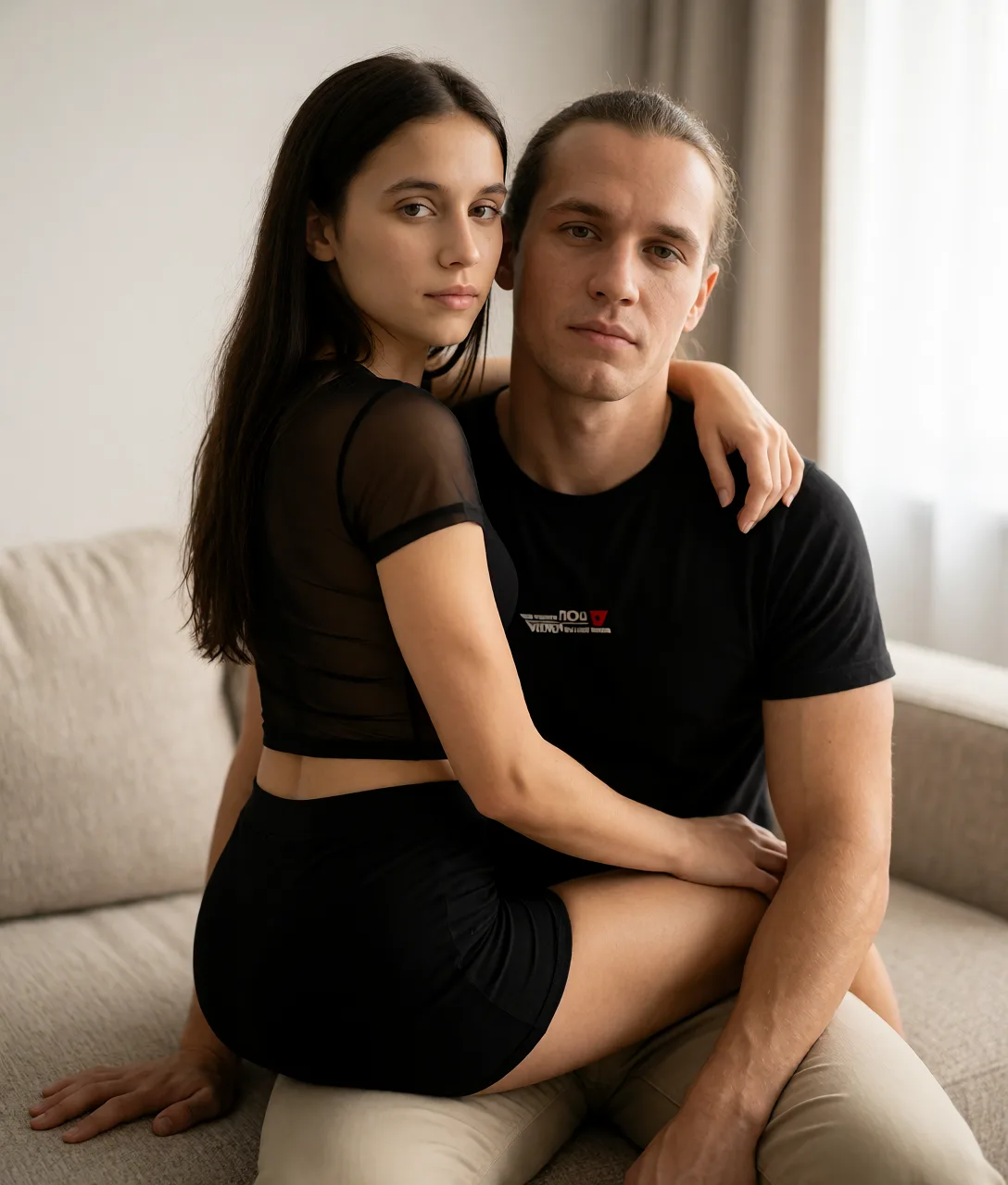 Edit the supplied photograph. Change only what is asked for below. Return one clean, natural, high-resolution photograph with realistic skin texture and no distortion. Give her a lean, athletic build with defined arms and shoulders and a trim waistline, keeping the same proportions otherwise. Replace her outfit with a sheer black mesh top and a matching fitted skirt. Seat her sideways across a partner's lap with one arm around their neck, looking back over her shoulder towards the camera; the partner wears an ordinary shirt and trousers. Keep her face, her identity, her hair and her skin tone exactly as they are, and keep the room and the light she is in.