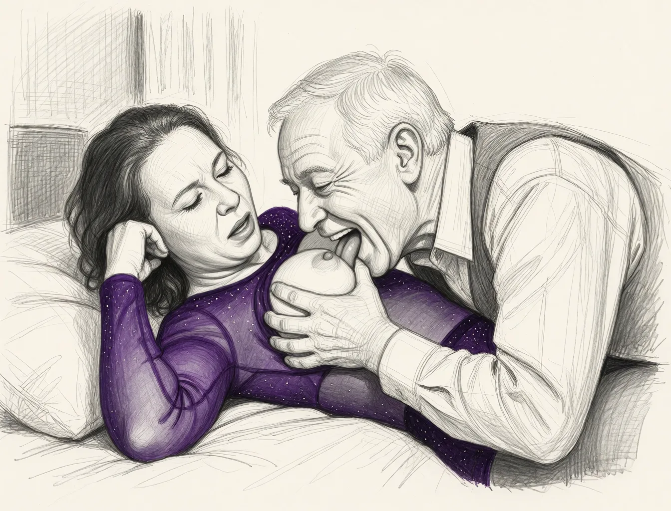 Redraw the entire picture as a hand-drawn graphite sketch on off-white paper: visible pencil strokes, cross-hatched shading, loose construction lines and no colour beyond the grey of the pencil and the tone of the paper. The background is drawn in the same style. Nothing in the frame keeps its photographic appearance. Above all, the picture must show: An old man bites her breast. The old man is dressed. It hurts so she squinches her face. But she also has fun with it. The okd man laughs during he bites her.