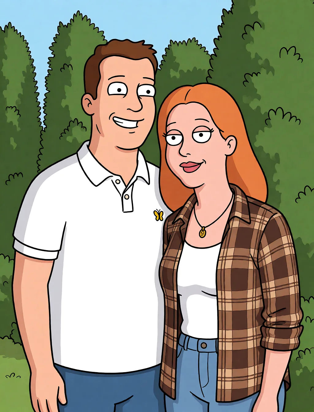 Redraw the entire picture as a western animated cartoon cel: thick even outlines, flat bright blocks of colour, simplified rounded shapes and hard-edged shadows, in the look of a television cartoon rather than of a camera. Keep the woman's adult proportions and adult figure exactly as they are; only the drawing style changes. The background is drawn in the same style. Nothing in the frame keeps its photographic appearance. Above all, the picture must show: Секс.