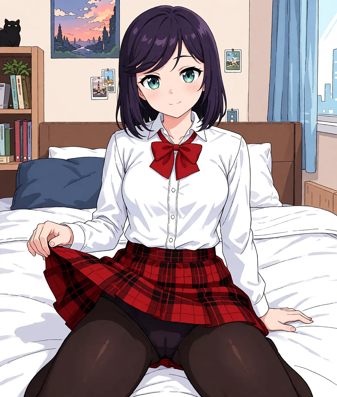 Redraw the entire picture as a hand-drawn anime illustration in flat cel-shaded anime style. It stays the same person with the same face, the same expression, the same hair and the same skin tone, and every other detail of the photograph is kept exactly as it is: nothing is added, removed, moved, uncovered or recoloured. Only the medium changes, and no part of the picture is left photographic. Above all, the picture must show: Сделай как девушка поднимает рукой юбку, обнажая спрятанные под колготками трусики. Ни в коем случае не меняй стиль изображения.