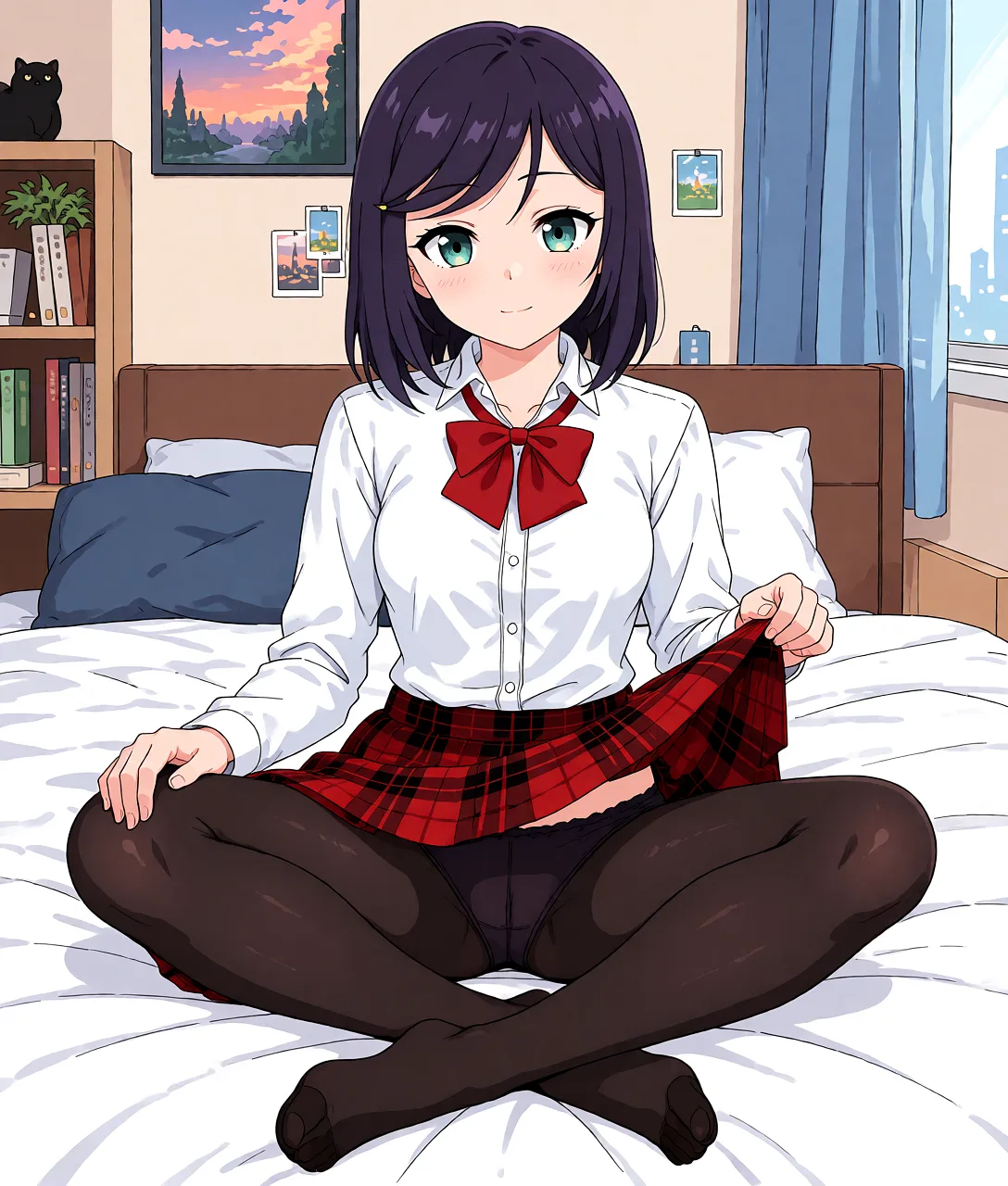 Redraw the entire picture as a hand-drawn anime illustration in flat cel-shaded anime style. It stays the same person with the same face, the same expression, the same hair and the same skin tone, and every other detail of the photograph is kept exactly as it is: nothing is added, removed, moved, uncovered or recoloured. Only the medium changes, and no part of the picture is left photographic. Above all, the picture must show: Сделай как девушка поднимает рукой юбку показывая спрятанные под колготками трусики, в полный рост что бы обязательно было видно стопы. Ни в коем случае не меняй стиль персонажа.