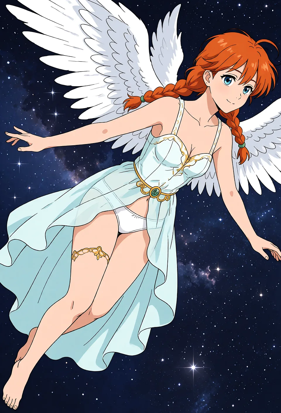 Redraw the entire picture as a hand-drawn anime illustration in flat cel-shaded anime style. It stays the same person with the same face, the same expression, the same hair and the same skin tone, and every other detail of the photograph is kept exactly as it is: nothing is added, removed, moved, uncovered or recoloured. Only the medium changes, and no part of the picture is left photographic. Above all, the picture must show: Сделай так что бы у этой девушки сквозь полупрозрачную юбку были видны белые трусики. Ни в коем случае не меняй стиль картинки.