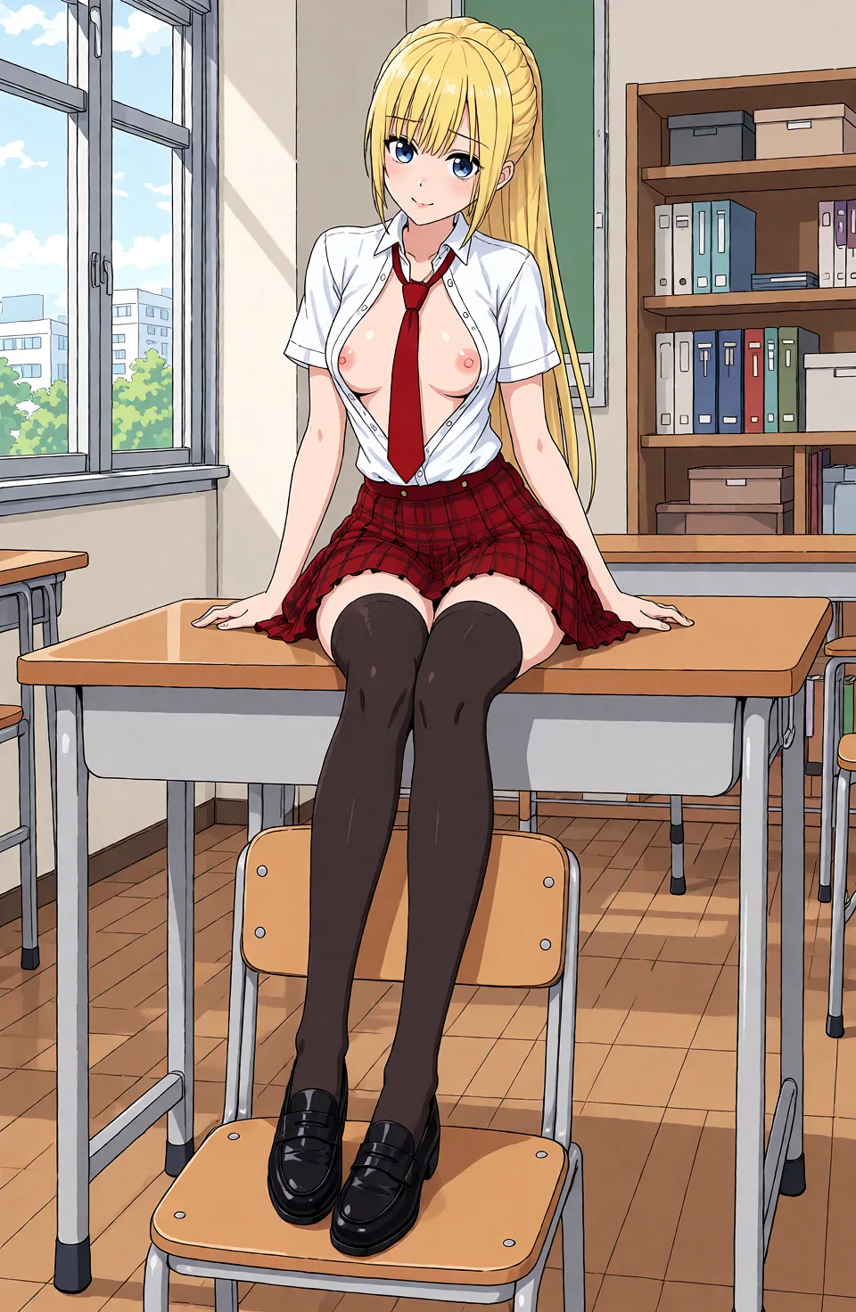 Redraw the entire picture as a hand-drawn anime illustration in flat cel-shaded anime style. It stays the same person with the same face, the same expression, the same hair and the same skin tone, and every other detail of the photograph is kept exactly as it is: nothing is added, removed, moved, uncovered or recoloured. Only the medium changes, and no part of the picture is left photographic. Above all, the picture must show: Рубашка девушки расстёгнута а лифчик задрать наверх. Стилистика изображения та же что на референсе.