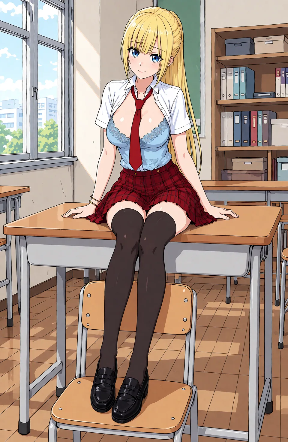 Redraw the entire picture as a hand-drawn anime illustration in flat cel-shaded anime style. It stays the same person with the same face, the same expression, the same hair and the same skin tone, and every other detail of the photograph is kept exactly as it is: nothing is added, removed, moved, uncovered or recoloured. Only the medium changes, and no part of the picture is left photographic. Above all, the picture must show: Рубашка расстёгнута, голубой кружевной лифчик стянут вниз открывая соски. Стиль изображения тот же что и на референсе без изменений.