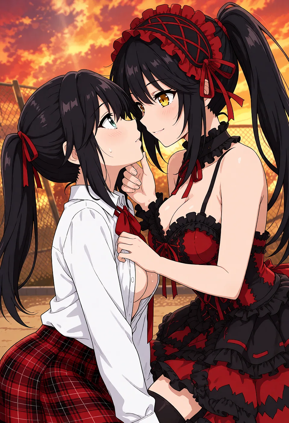 Redraw the entire picture as a hand-drawn anime illustration in flat cel-shaded anime style. It stays the same person with the same face, the same expression, the same hair and the same skin tone, and every other detail of the photograph is kept exactly as it is: nothing is added, removed, moved, uncovered or recoloured. Only the medium changes, and no part of the picture is left photographic. Above all, the picture must show: Рубашка девушки слева расстёгнута, а рука девушки справа собственнически лежит на её груди.
Стиль изображения такой же как на референсе, стилистика такая же как на референсе.