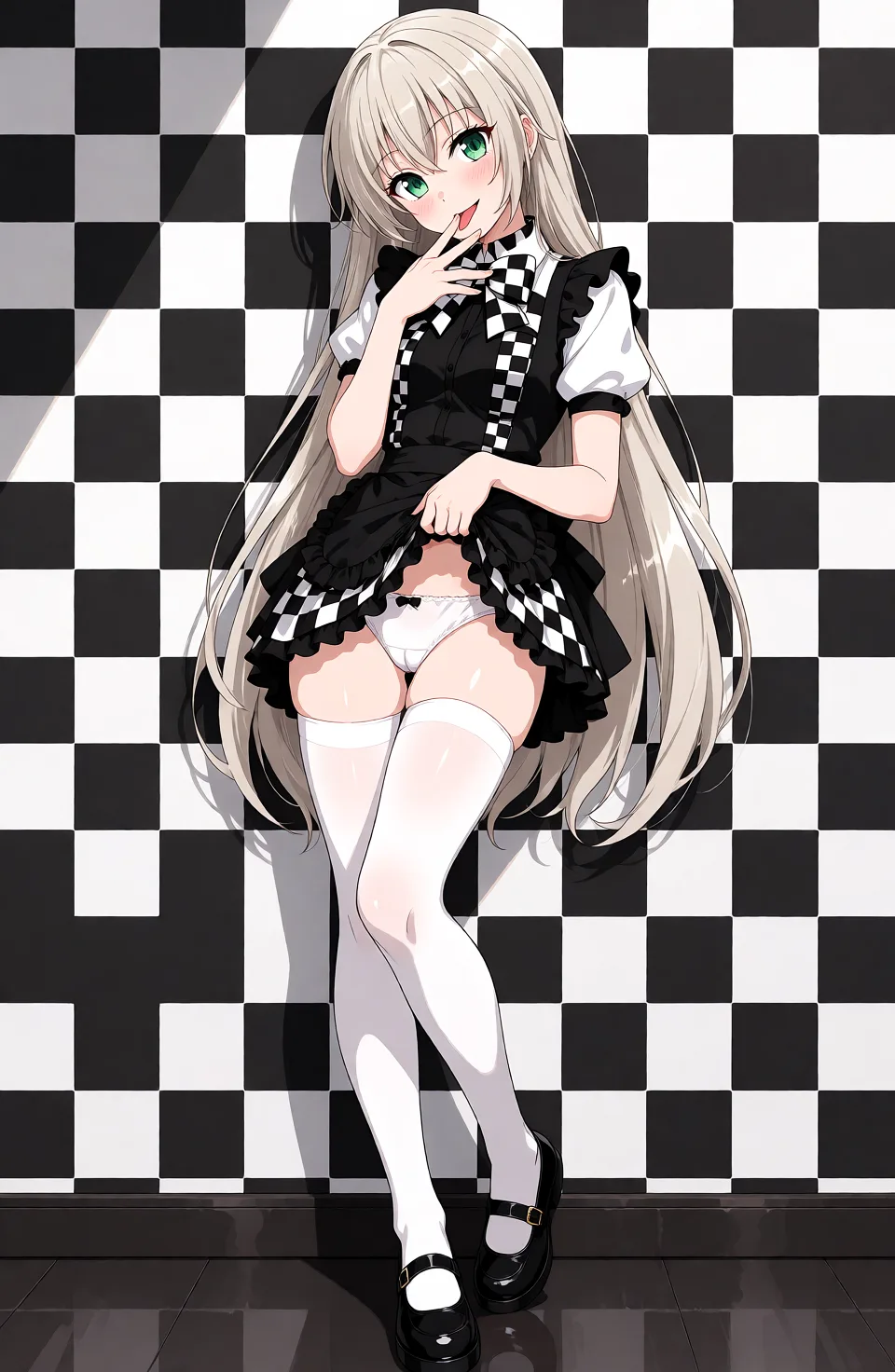 Redraw the entire picture as a hand-drawn anime illustration in flat cel-shaded anime style. It stays the same person with the same face, the same expression, the same hair and the same skin tone, and every other detail of the photograph is kept exactly as it is: nothing is added, removed, moved, uncovered or recoloured. Only the medium changes, and no part of the picture is left photographic. Above all, the picture must show: Prompt:
A beautiful anime woman with very long platinum-blonde hair, bright emerald-green eyes, delicate facial features, and a playful, seductive expression. She is leaning against a black-and-white checkerboard wall in a stylish black-and-white gothic maid outfit, featuring a frilled mini skirt, puffed white sleeves, a large checkerboard bow, a black apron, white thigh-high stockings, and glossy black Mary Jane shoes.
She is gently lifting the hem of her skirt with one hand, revealing her matching underwear, while bringing the fingers of her other hand to her lips and teasingly licking them. Her cheeks are flushed pink, her eyes are half-lidded with a warm, sultry gaze, and she wears a mischievous, inviting smile. Her body is posed naturally against the wall, with one knee slightly bent and her legs elegantly positioned.
Full-body composition, original character design preserved, detailed flowing hair, delicate hand anatomy, expressive anime eyes, soft blush, glossy fabric highlights, cinematic soft lighting, polished high-quality anime illustration, intricate outfit details, clean line art, subtle floor reflections, monochrome checkerboard background, refined shading, sharp focus, high resolution.