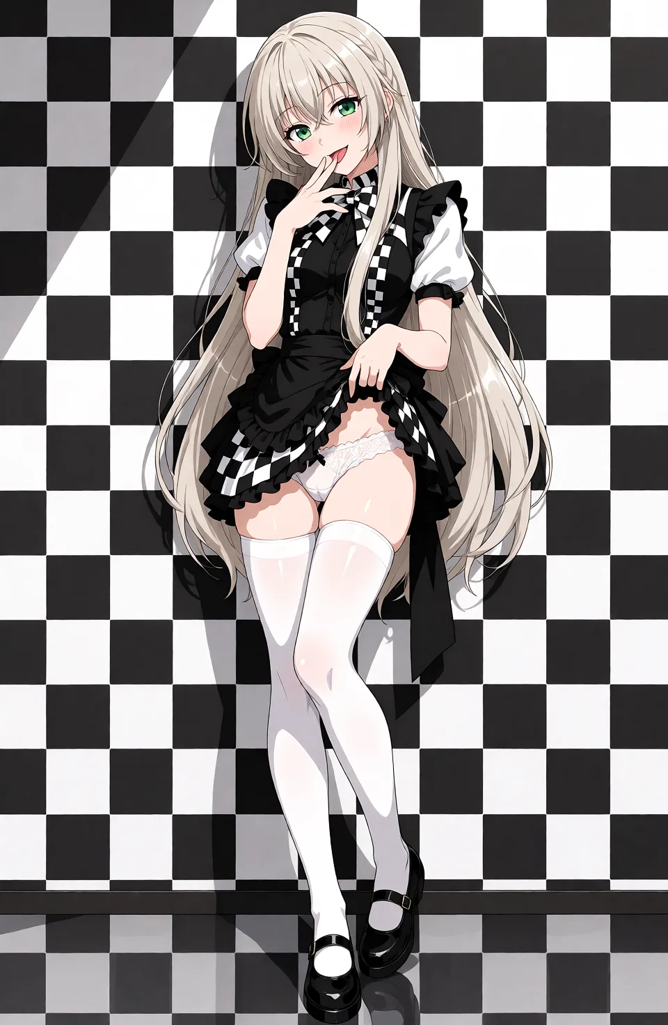 Redraw the entire picture as a hand-drawn anime illustration in flat cel-shaded anime style. It stays the same person with the same face, the same expression, the same hair and the same skin tone, and every other detail of the photograph is kept exactly as it is: nothing is added, removed, moved, uncovered or recoloured. Only the medium changes, and no part of the picture is left photographic. Above all, the picture must show: Prompt:
A beautiful adult anime woman with very long platinum-blonde hair, bright emerald-green eyes, delicate facial features, and a playful, seductive expression. She is leaning against a black-and-white checkerboard wall in a stylish black-and-white gothic maid outfit, featuring a frilled mini skirt, puffed white sleeves, a large checkerboard bow, a black apron, white thigh-high stockings, and glossy black Mary Jane shoes.
She is gently lifting the hem of her skirt with one hand, revealing her matching lace-trimmed underwear, slightly shifted to the side for a daring, suggestive look. With the other hand, she brings her fingers to her lips and teasingly licks them. Her cheeks are flushed pink, her emerald-green eyes are half-lidded, and she wears a mischievous, sultry smile. Her posture against the wall is relaxed yet alluring, with one knee slightly bent and her legs elegantly positioned.
Full-body composition, original character design preserved, extremely long flowing platinum-blonde hair, detailed emerald eyes, delicate facial features, expressive blush, intricate gothic maid outfit, fabric folds, fine lace details, natural hand anatomy, elegant proportions, cinematic soft lighting, subtle floor reflections, monochrome checkerboard background, polished high-quality anime illustration, clean line art, refined shading, sharp focus, high resolution, masterpiece.
