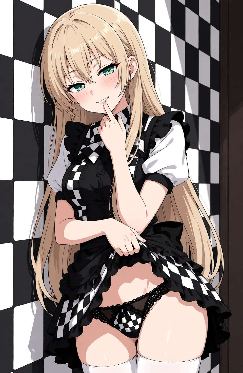 Redraw the entire picture as a hand-drawn anime illustration in flat cel-shaded anime style. It stays the same person with the same face, the same expression, the same hair and the same skin tone, and every other detail of the photograph is kept exactly as it is: nothing is added, removed, moved, uncovered or recoloured. Only the medium changes, and no part of the picture is left photographic. Above all, the picture must show: Her skirt is lifted slightly higher, revealing more of her black-and-white gothic outfit and matching lace-trimmed underwear. She leans against the checkerboard wall with a teasing, confident expression, flushed cheeks, half-lidded emerald eyes, and a playful smile. One hand gently holds the edge of her skirt while the fingers of the other hand brush against her lips. Elegant body language, suggestive posing, intricate fabric details, soft cinematic lighting, polished anime illustration, detailed character design.