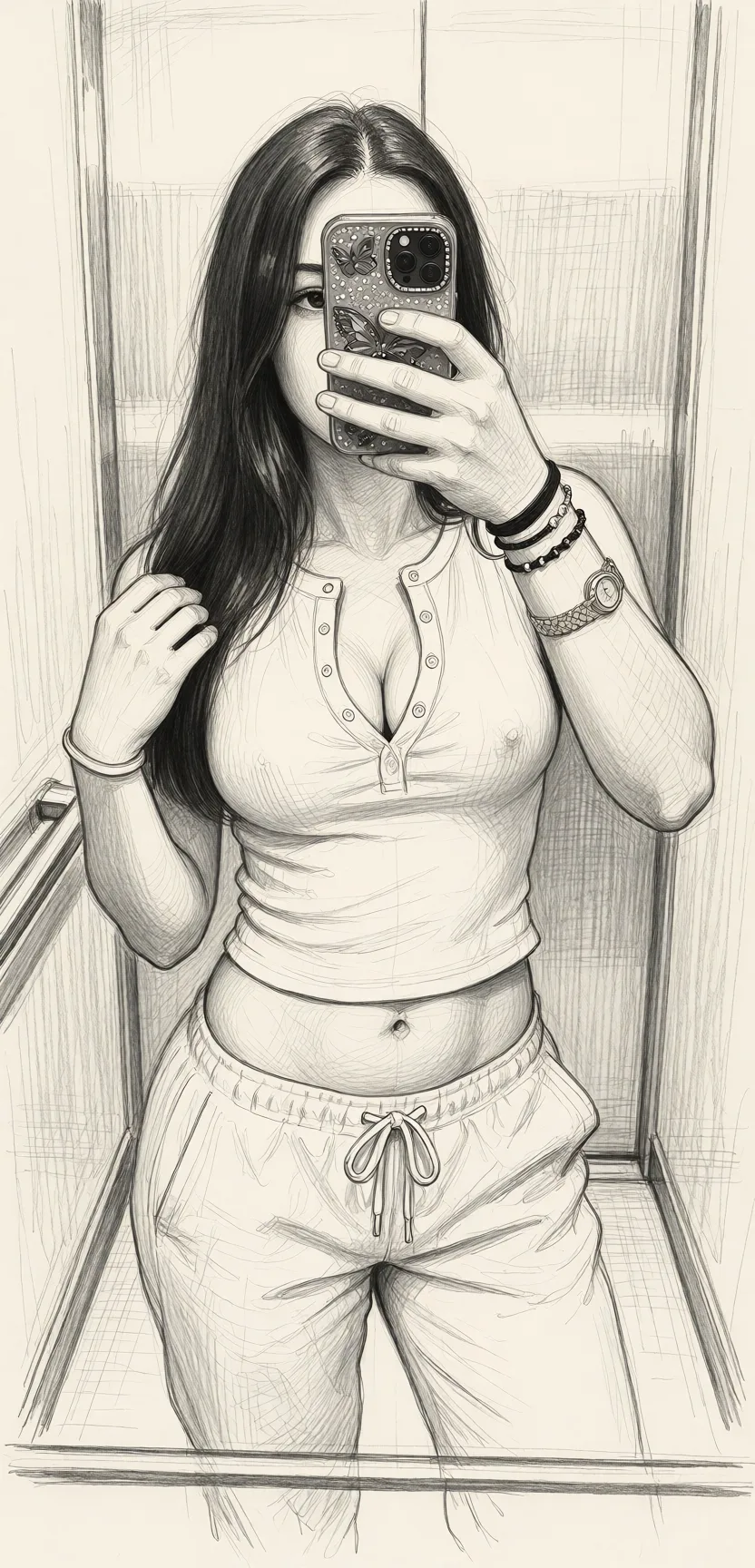 Redraw the entire picture as a hand-drawn graphite sketch on off-white paper: visible pencil strokes, cross-hatched shading, loose construction lines and no colour beyond the grey of the pencil and the tone of the paper. The background is drawn in the same style. Nothing in the frame keeps its photographic appearance. Above all, the picture must show: Undress, show tits, show pussy.