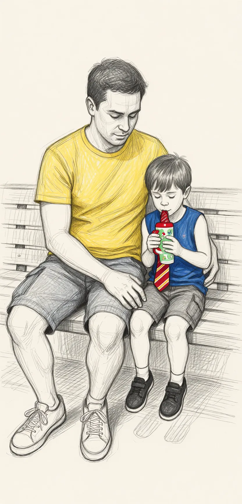 Redraw the entire picture as a hand-drawn graphite sketch on off-white paper: visible pencil strokes, cross-hatched shading, loose construction lines and no colour beyond the grey of the pencil and the tone of the paper. The background is drawn in the same style. Nothing in the frame keeps its photographic appearance. Above all, the picture must show: Tall guy is sitting next to little guy, tall guy is feeling little guy's thigh.