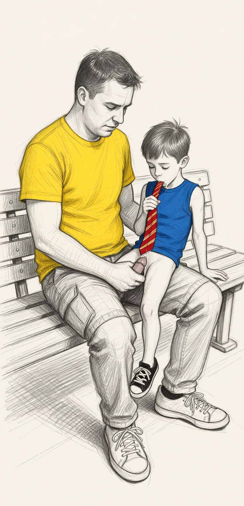 Redraw the entire picture as a hand-drawn graphite sketch on off-white paper: visible pencil strokes, cross-hatched shading, loose construction lines and no colour beyond the grey of the pencil and the tone of the paper. The background is drawn in the same style. Nothing in the frame keeps its photographic appearance. Above all, the picture must show: Short guy is skinny, he's sitting on a bench, tall guy is sitting next to him, tall guy is holding short guy's penis, short guy is cumming.