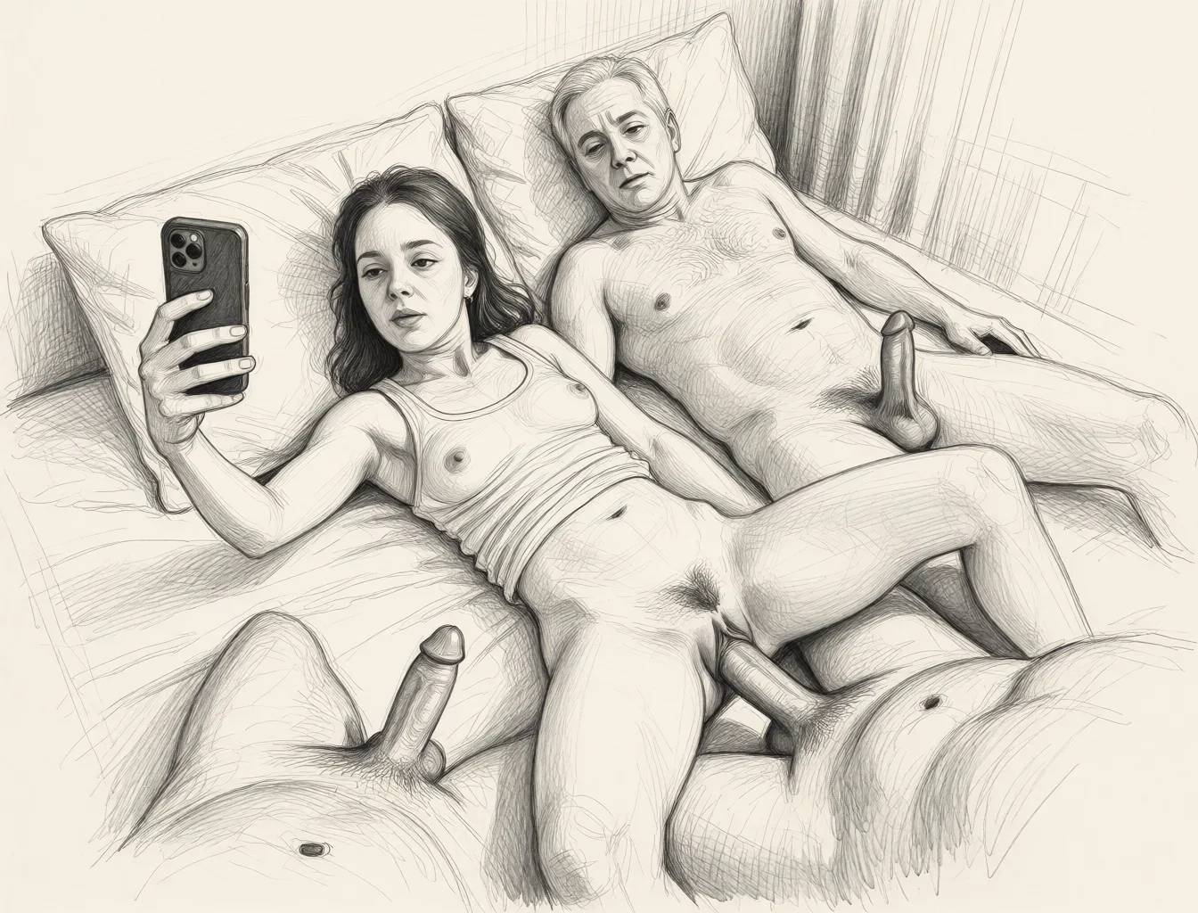 Redraw the entire picture as a hand-drawn graphite sketch on off-white paper: visible pencil strokes, cross-hatched shading, loose construction lines and no colour beyond the grey of the pencil and the tone of the paper. The background is drawn in the same style. Nothing in the frame keeps its photographic appearance. Above all, the picture must show: The woman is lying on the bed in the apartment and filming herself. The woman quickly takes off all her clothes. The woman is naked. Three older men are lying naked on the bed next to her, with large penises. The woman, lying on the bed, is filming herself while engaging in group sex with a crowd of older men. Group sex, double penetration — the woman is being fucked hard and fast in the pussy. The woman is looking at the camera. The best quality, 100 %, gangbang sex.