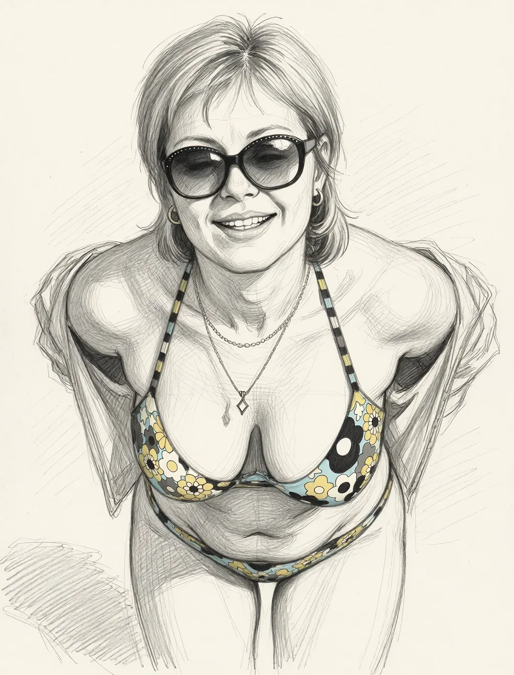 Redraw the entire picture as a hand-drawn graphite sketch on off-white paper: visible pencil strokes, cross-hatched shading, loose construction lines and no colour beyond the grey of the pencil and the tone of the paper. The background is drawn in the same style. Nothing in the frame keeps its photographic appearance. Above all, the picture must show: undressing.