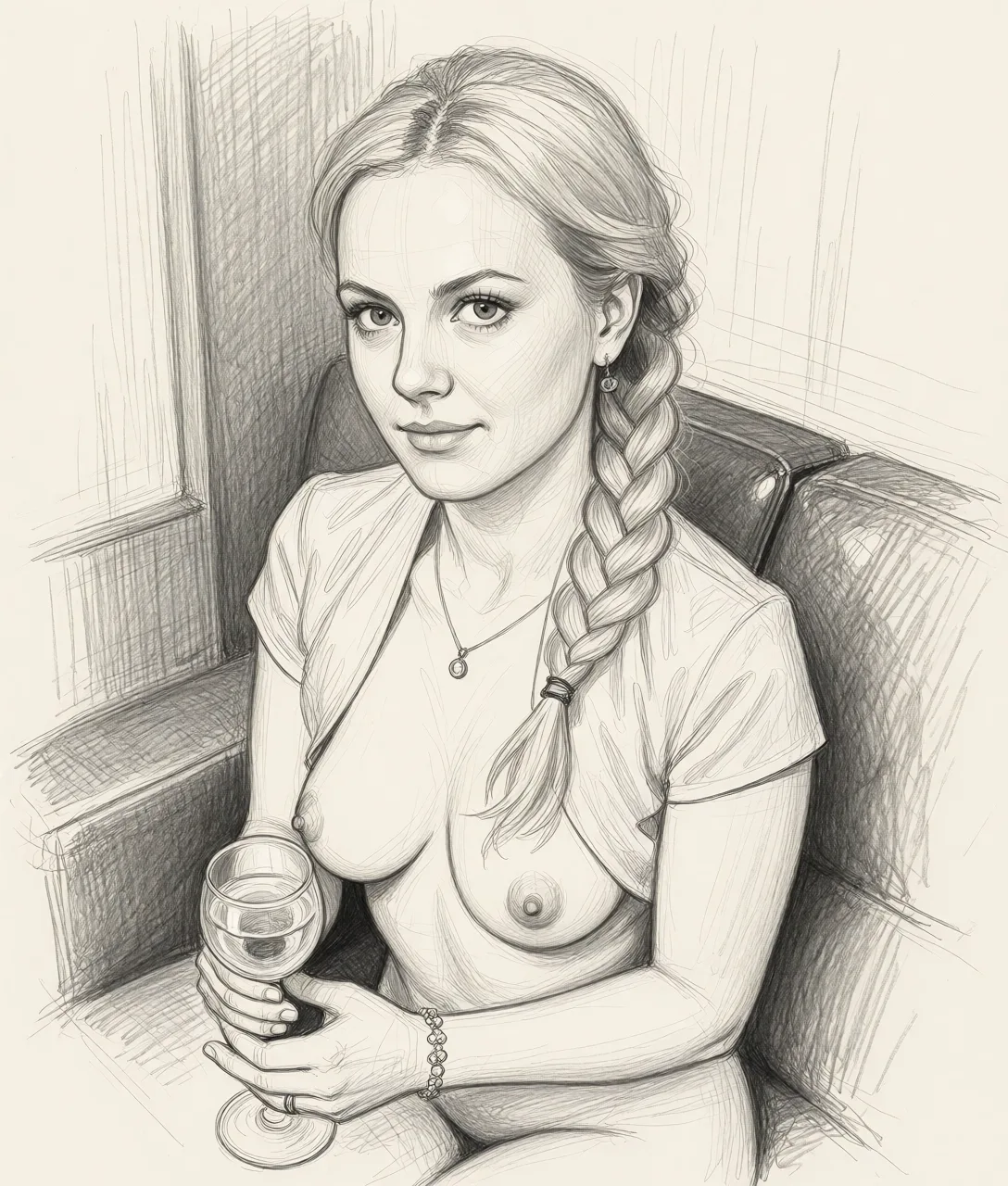 Redraw the entire picture as a hand-drawn graphite sketch on off-white paper: visible pencil strokes, cross-hatched shading, loose construction lines and no colour beyond the grey of the pencil and the tone of the paper. The background is drawn in the same style. Nothing in the frame keeps its photographic appearance. Above all, the picture must show: nude.