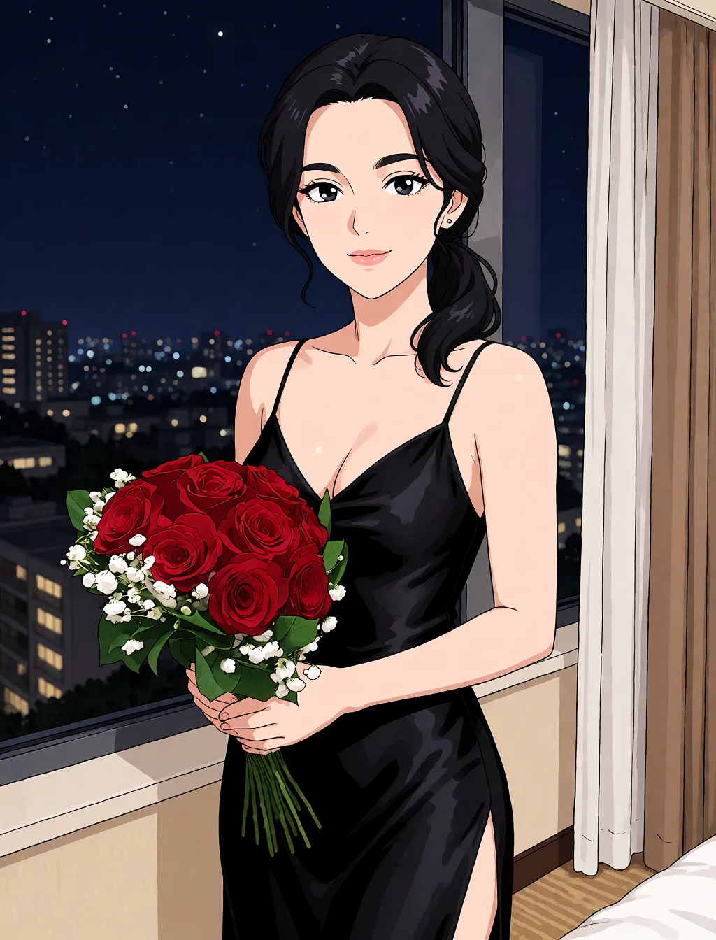 Redraw the entire picture as a hand-drawn anime illustration in flat cel-shaded anime style. It stays the same person with the same face, the same expression, the same hair and the same skin tone, and every other detail of the photograph is kept exactly as it is: nothing is added, removed, moved, uncovered or recoloured. Only the medium changes, and no part of the picture is left photographic. Above all, the picture must show: black silk slip dress, standing at a hotel window atnight.