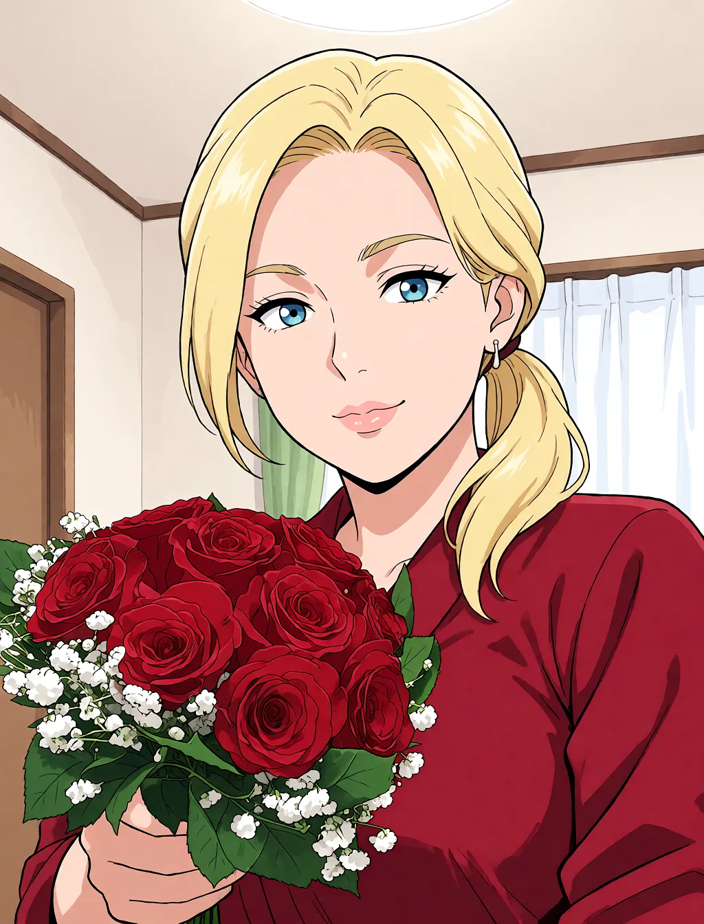 Redraw the entire picture as a hand-drawn anime illustration in flat cel-shaded anime style. It stays the same person with the same face, the same expression, the same hair and the same skin tone, and every other detail of the photograph is kept exactly as it is: nothing is added, removed, moved, uncovered or recoloured. Only the medium changes, and no part of the picture is left photographic. Above all, the picture must show: Busty Blonde Hooks Up WithBBC.