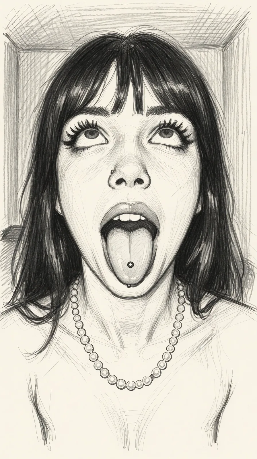 Redraw the entire picture as a hand-drawn graphite sketch on off-white paper: visible pencil strokes, cross-hatched shading, loose construction lines and no colour beyond the grey of the pencil and the tone of the paper. The background is drawn in the same style. Nothing in the frame keeps its photographic appearance. Above all, the picture must show: rolling_eyes cum_in_mouth.
