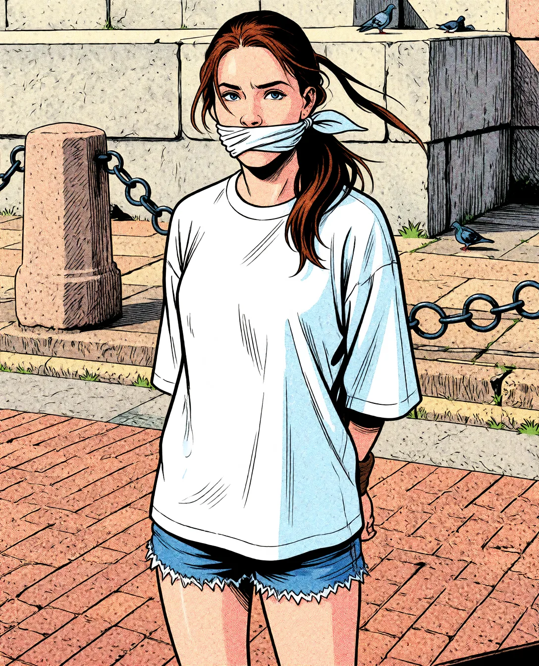 Redraw the entire picture as western comic-book art: heavy black inked outlines, hard-edged cel shading, limited high-contrast colour and visible halftone dot texture. The background is drawn in the same style. Nothing in the frame keeps its photographic appearance. Above all, the picture must show: Tied up and gagged.