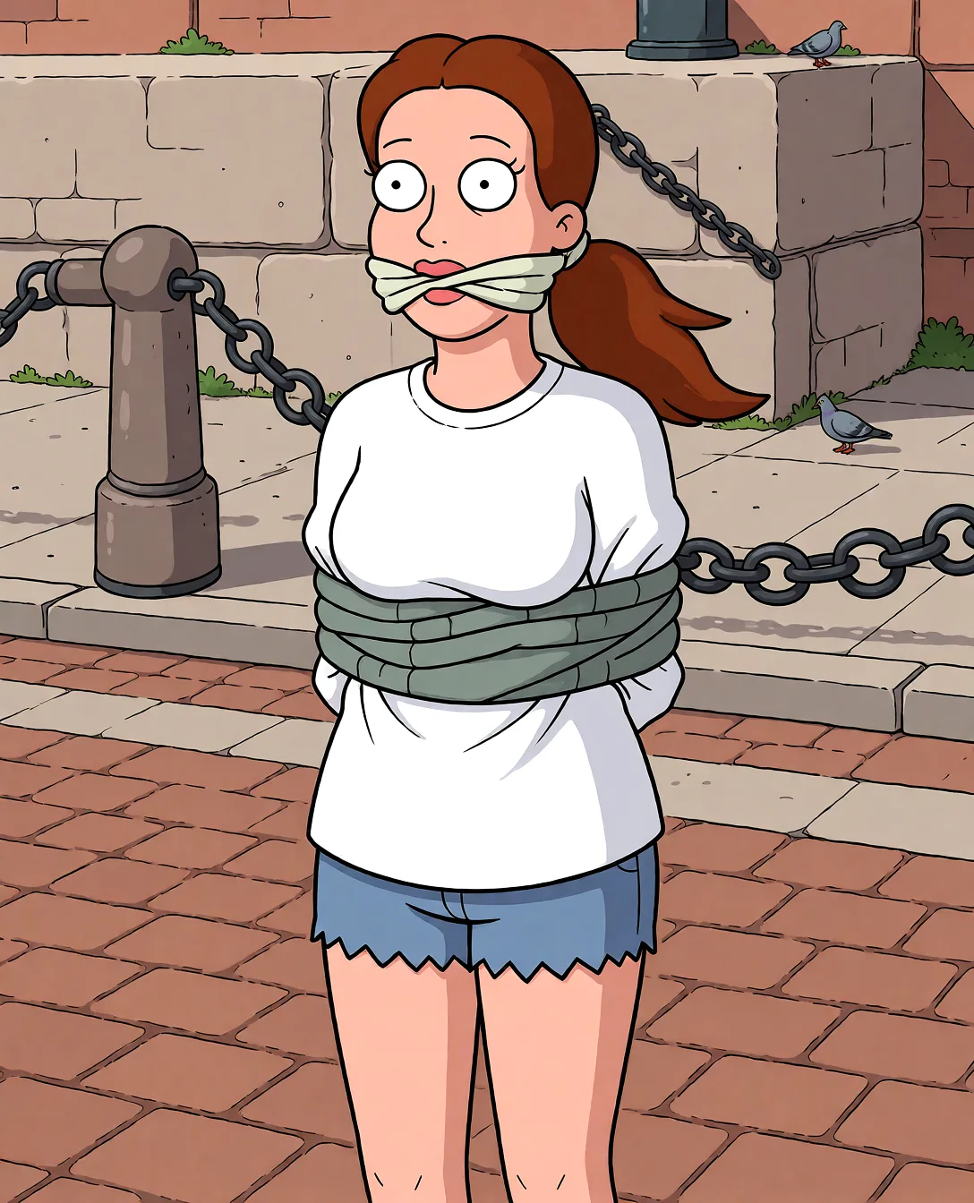 Redraw the entire picture as a western animated cartoon cel: thick even outlines, flat bright blocks of colour, simplified rounded shapes and hard-edged shadows, in the look of a television cartoon rather than of a camera. Keep the woman's adult proportions and adult figure exactly as they are; only the drawing style changes. The background is drawn in the same style. Nothing in the frame keeps its photographic appearance. Above all, the picture must show: Tied up and gagged.