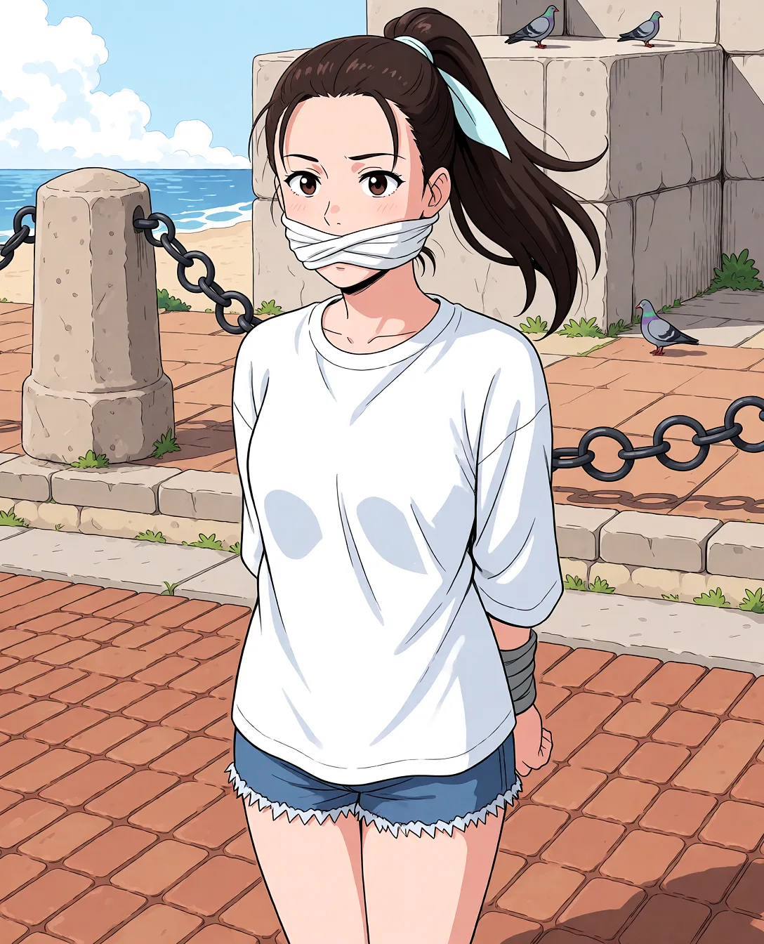 Redraw the entire picture as a hand-drawn anime illustration in flat cel-shaded anime style. It stays the same person with the same face, the same expression, the same hair and the same skin tone, and every other detail of the photograph is kept exactly as it is: nothing is added, removed, moved, uncovered or recoloured. Only the medium changes, and no part of the picture is left photographic. Above all, the picture must show: Tied up and gagged.