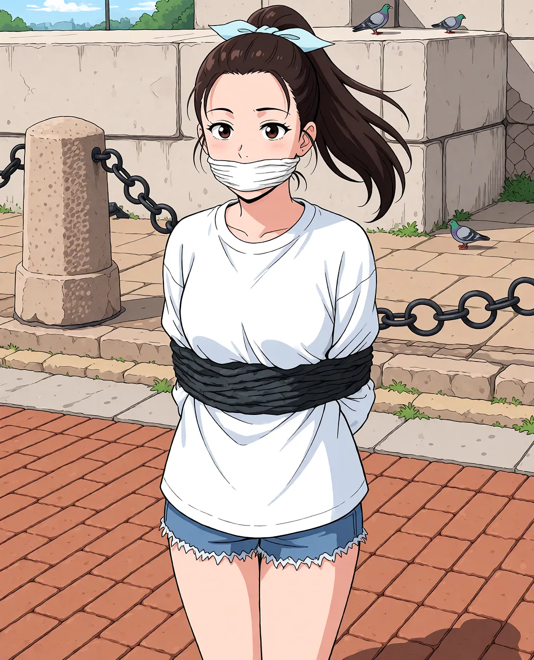 Redraw the entire picture as a hand-drawn anime illustration in flat cel-shaded anime style. It stays the same person with the same face, the same expression, the same hair and the same skin tone, and every other detail of the photograph is kept exactly as it is: nothing is added, removed, moved, uncovered or recoloured. Only the medium changes, and no part of the picture is left photographic. Above all, the picture must show: Tied up and gagged.