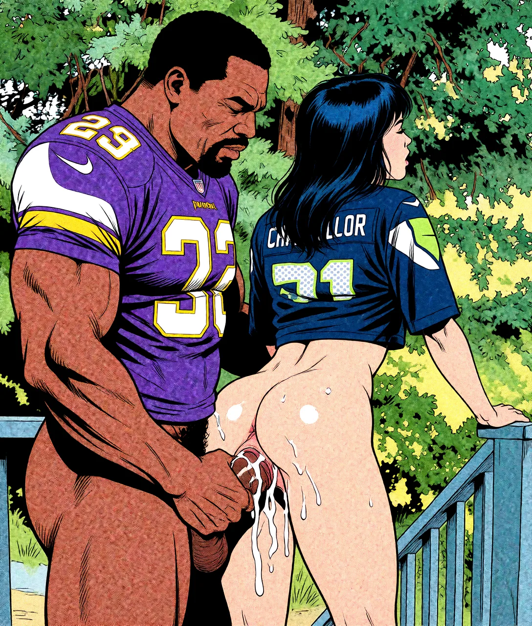 Redraw the entire picture as western comic-book art: heavy black inked outlines, hard-edged cel shading, limited high-contrast colour and visible halftone dot texture. The background is drawn in the same style. Nothing in the frame keeps its photographic appearance. Above all, the picture must show: A huge black man with a massive dick is fucking her from behind. The man is wearing a Minnesota Vikings jersey.