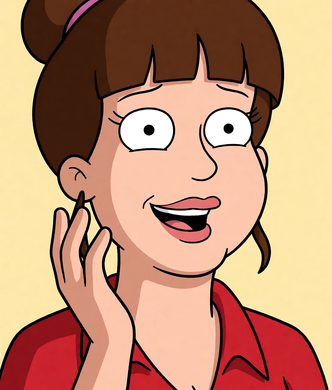 Redraw the entire picture as a western animated cartoon cel: thick even outlines, flat bright blocks of colour, simplified rounded shapes and hard-edged shadows, in the look of a television cartoon rather than of a camera. Keep the woman's adult proportions and adult figure exactly as they are; only the drawing style changes. The background is drawn in the same style. Nothing in the frame keeps its photographic appearance. Above all, the picture must show: Side anal cum_in_ass.