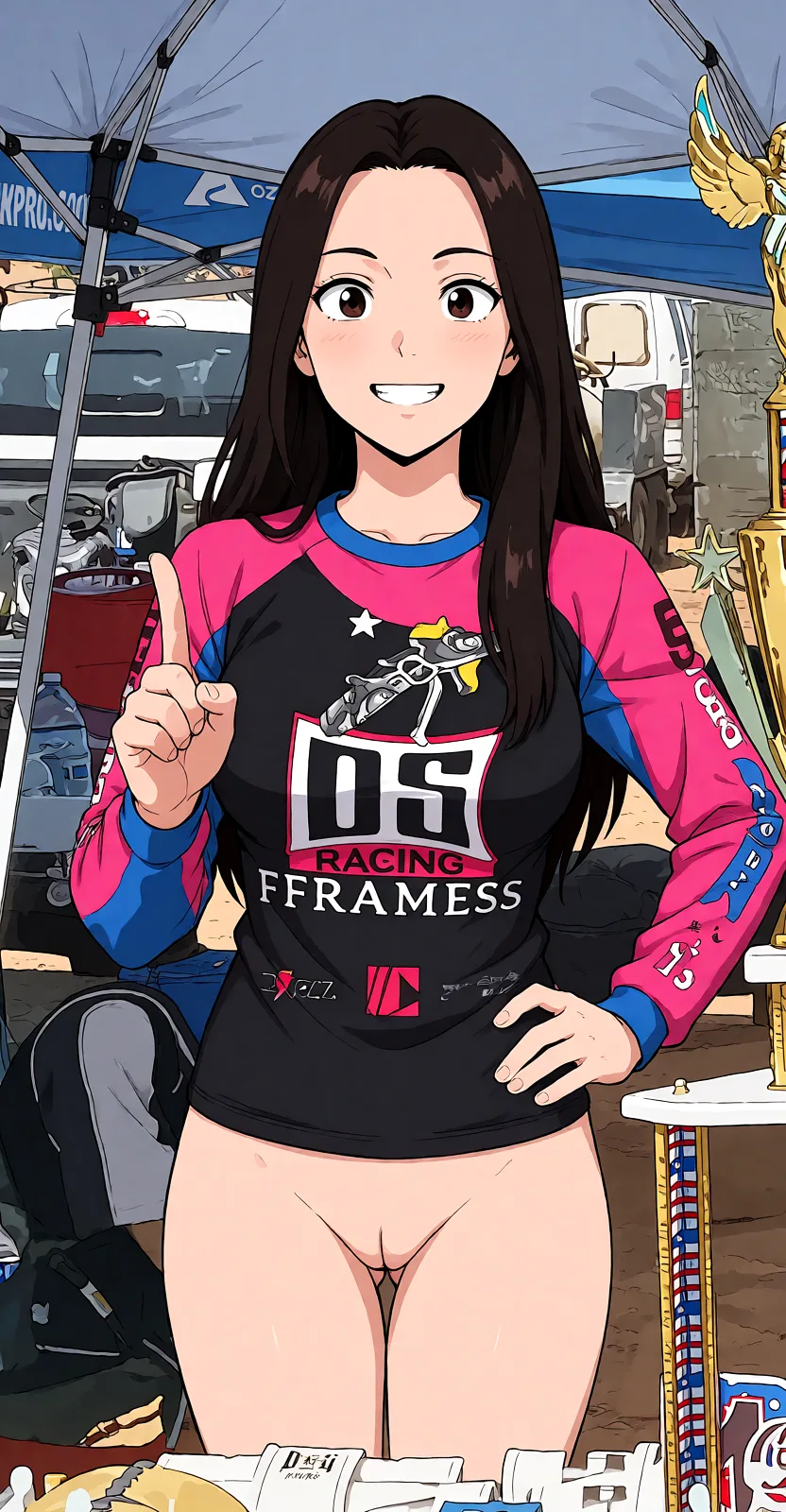 Redraw the entire picture as a hand-drawn anime illustration in flat cel-shaded anime style. It stays the same person with the same face, the same expression, the same hair and the same skin tone, and every other detail of the photograph is kept exactly as it is: nothing is added, removed, moved, uncovered or recoloured. Only the medium changes, and no part of the picture is left photographic. Above all, the picture must show: compleatly nude ready to please.