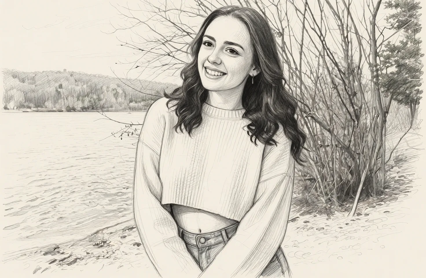 Redraw the entire picture as a hand-drawn graphite sketch on off-white paper: visible pencil strokes, cross-hatched shading, loose construction lines and no colour beyond the grey of the pencil and the tone of the paper. The background is drawn in the same style. Nothing in the frame keeps its photographic appearance. Above all, the picture must show: nude.