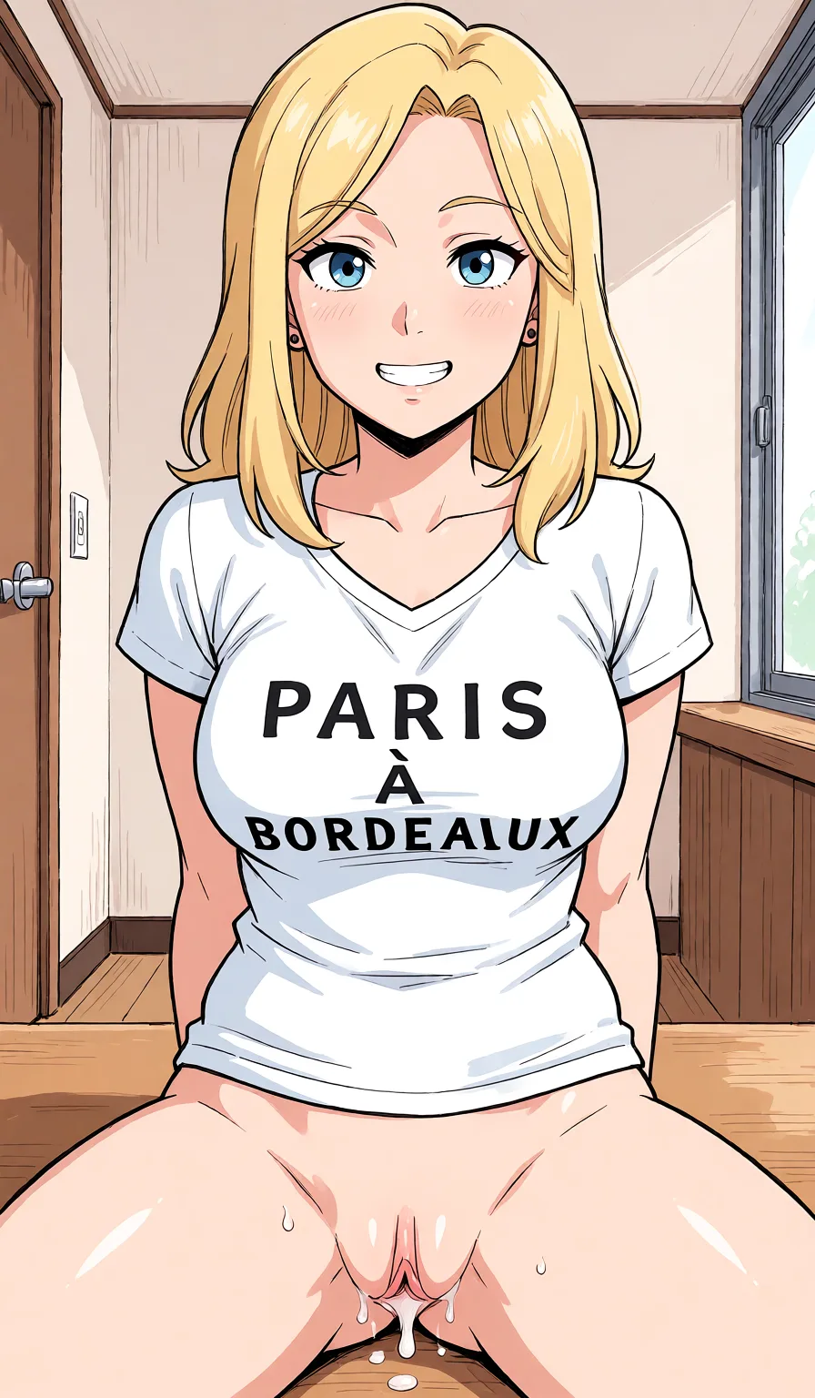 Redraw the entire picture as a hand-drawn anime illustration in flat cel-shaded anime style. It stays the same person with the same face, the same expression, the same hair and the same skin tone, and every other detail of the photograph is kept exactly as it is: nothing is added, removed, moved, uncovered or recoloured. Only the medium changes, and no part of the picture is left photographic. Above all, the picture must show: showing cum_in_pussy.