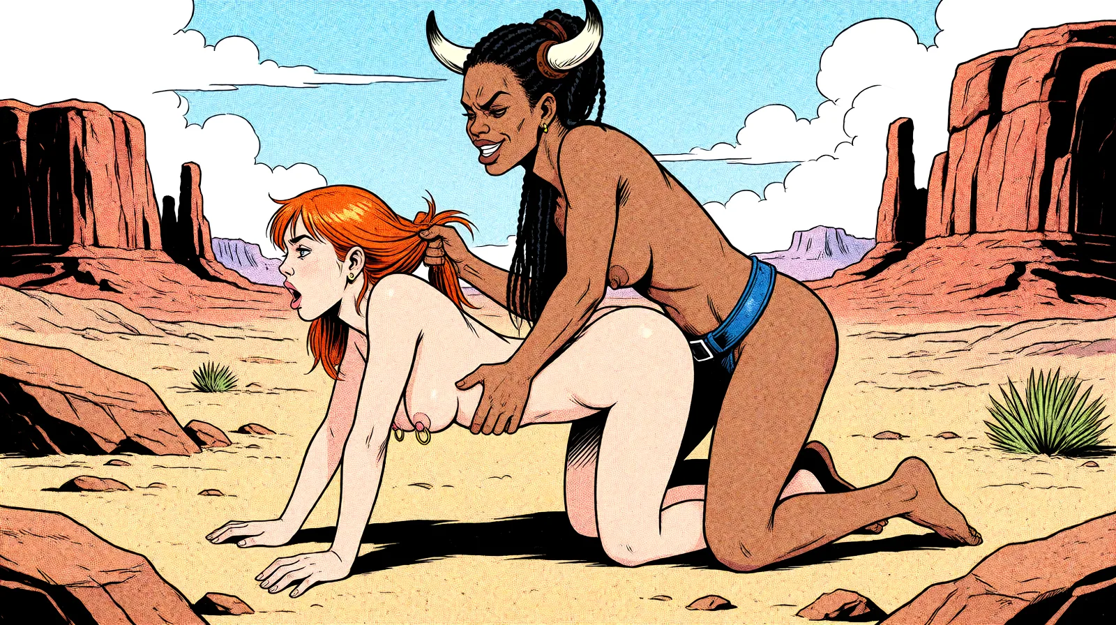Redraw the entire picture as western comic-book art: heavy black inked outlines, hard-edged cel shading, limited high-contrast colour and visible halftone dot texture. The background is drawn in the same style. Nothing in the frame keeps its photographic appearance. Above all, the picture must show: Replace background and foreground with rocky desert environment, remove straps from black woman and add cow-horns and evil smirk. Add nipple_rings to white woman, have black woman pulling white woman's hair.