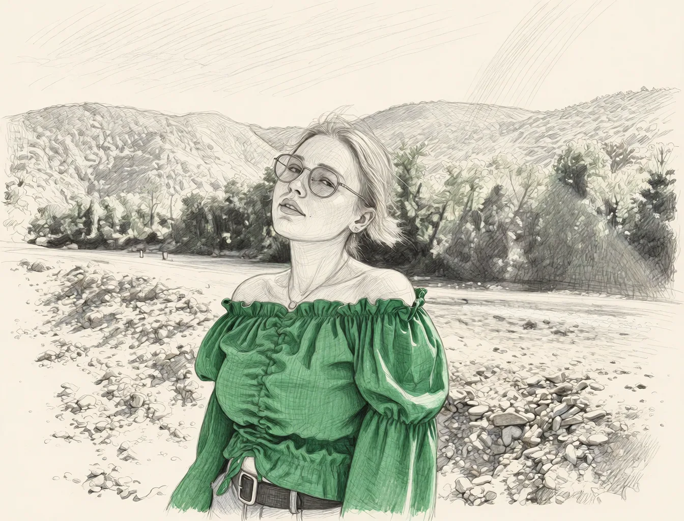 Redraw the entire picture as a hand-drawn graphite sketch on off-white paper: visible pencil strokes, cross-hatched shading, loose construction lines and no colour beyond the grey of the pencil and the tone of the paper. The background is drawn in the same style. Nothing in the frame keeps its photographic appearance. Above all, the picture must show: Полностью голая сквиртует.