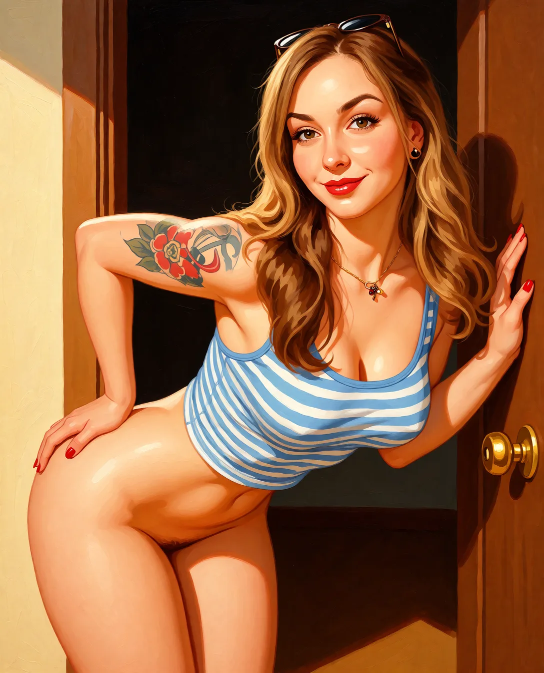 Redraw the entire picture as a retro pin-up illustration: smooth airbrushed gouache paint, warm saturated mid-century colour, clean confident outlines and glamorous stylised features, in the look of a 1950s pin-up poster. The background is painted in the same style. Nothing in the frame keeps its photographic appearance. Above all, the picture must show: Nude bent over pressing her ass.