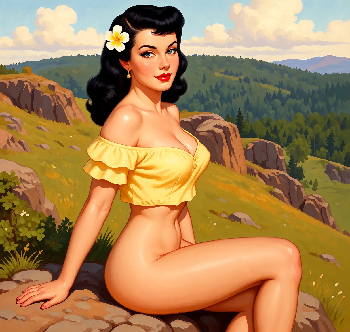 Redraw the entire picture as a retro pin-up illustration: smooth airbrushed gouache paint, warm saturated mid-century colour, clean confident outlines and glamorous stylised features, in the look of a 1950s pin-up poster. The background is painted in the same style. Nothing in the frame keeps its photographic appearance. Above all, the picture must show: nude.