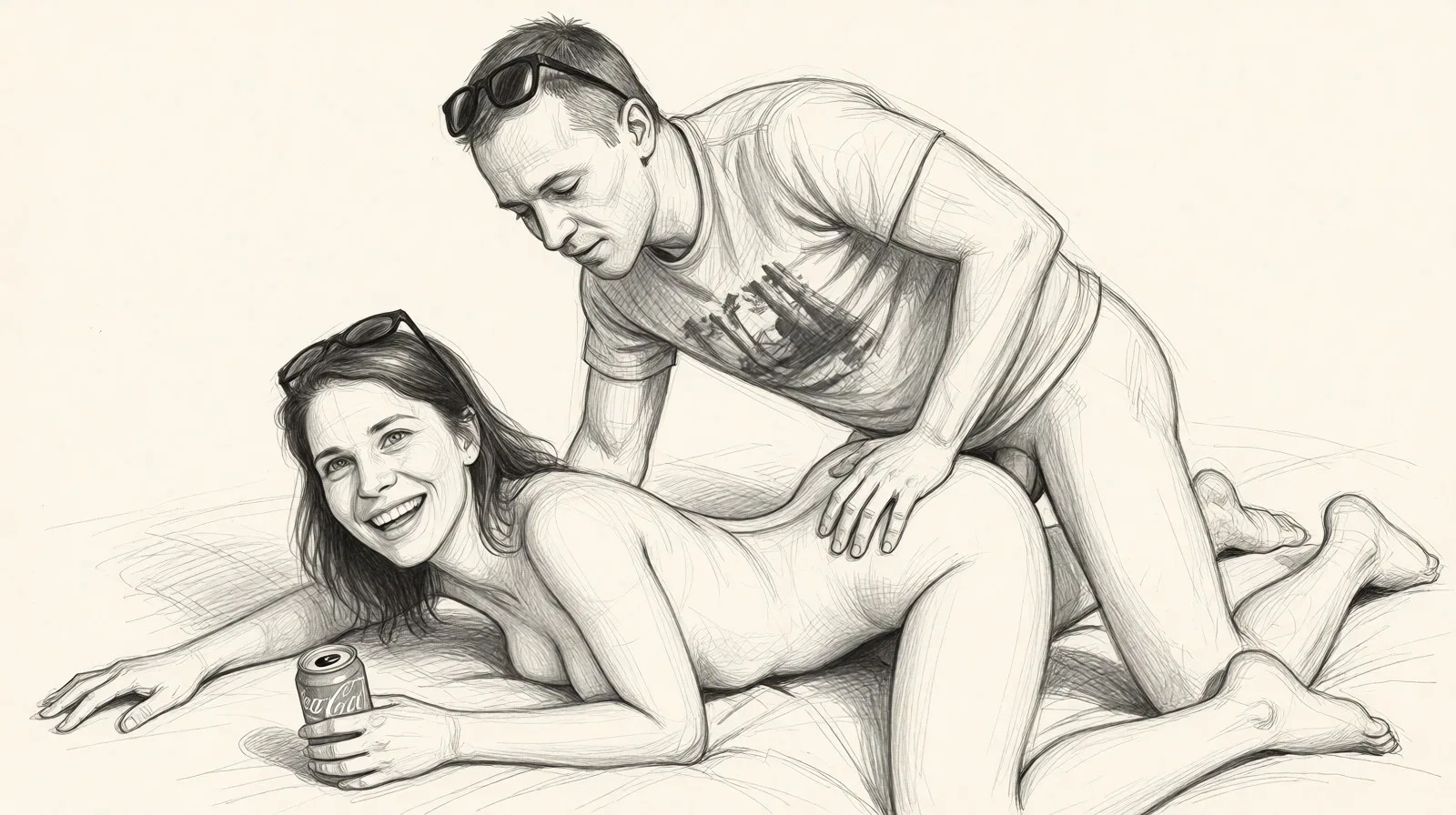 Redraw the entire picture as a hand-drawn graphite sketch on off-white paper: visible pencil strokes, cross-hatched shading, loose construction lines and no colour beyond the grey of the pencil and the tone of the paper. The background is drawn in the same style. Nothing in the frame keeps its photographic appearance. Above all, the picture must show: Woman in the picture lying on her back getting fucked in her ass by man in the picture.