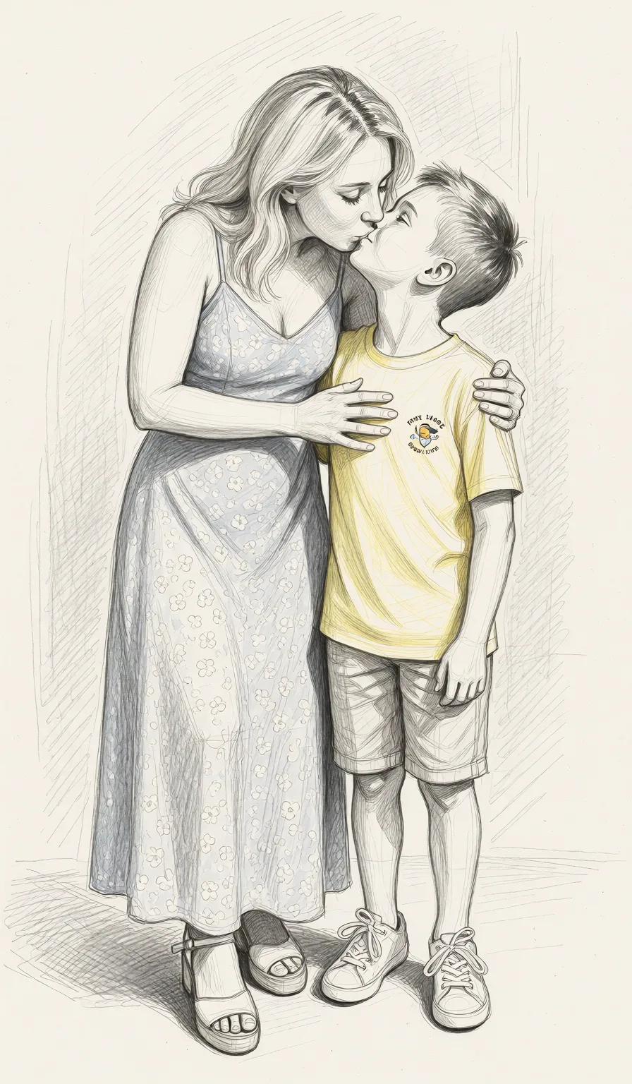 Redraw the entire picture as a hand-drawn graphite sketch on off-white paper: visible pencil strokes, cross-hatched shading, loose construction lines and no colour beyond the grey of the pencil and the tone of the paper. The background is drawn in the same style. Nothing in the frame keeps its photographic appearance. Above all, the picture must show: make the french_kiss.