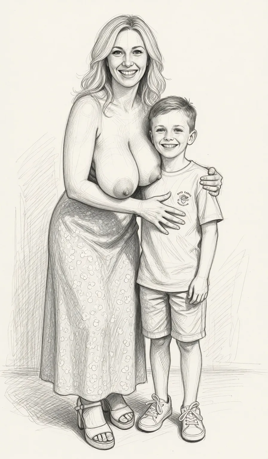 Redraw the entire picture as a hand-drawn graphite sketch on off-white paper: visible pencil strokes, cross-hatched shading, loose construction lines and no colour beyond the grey of the pencil and the tone of the paper. The background is drawn in the same style. Nothing in the frame keeps its photographic appearance. Above all, the picture must show: breast_sucking.