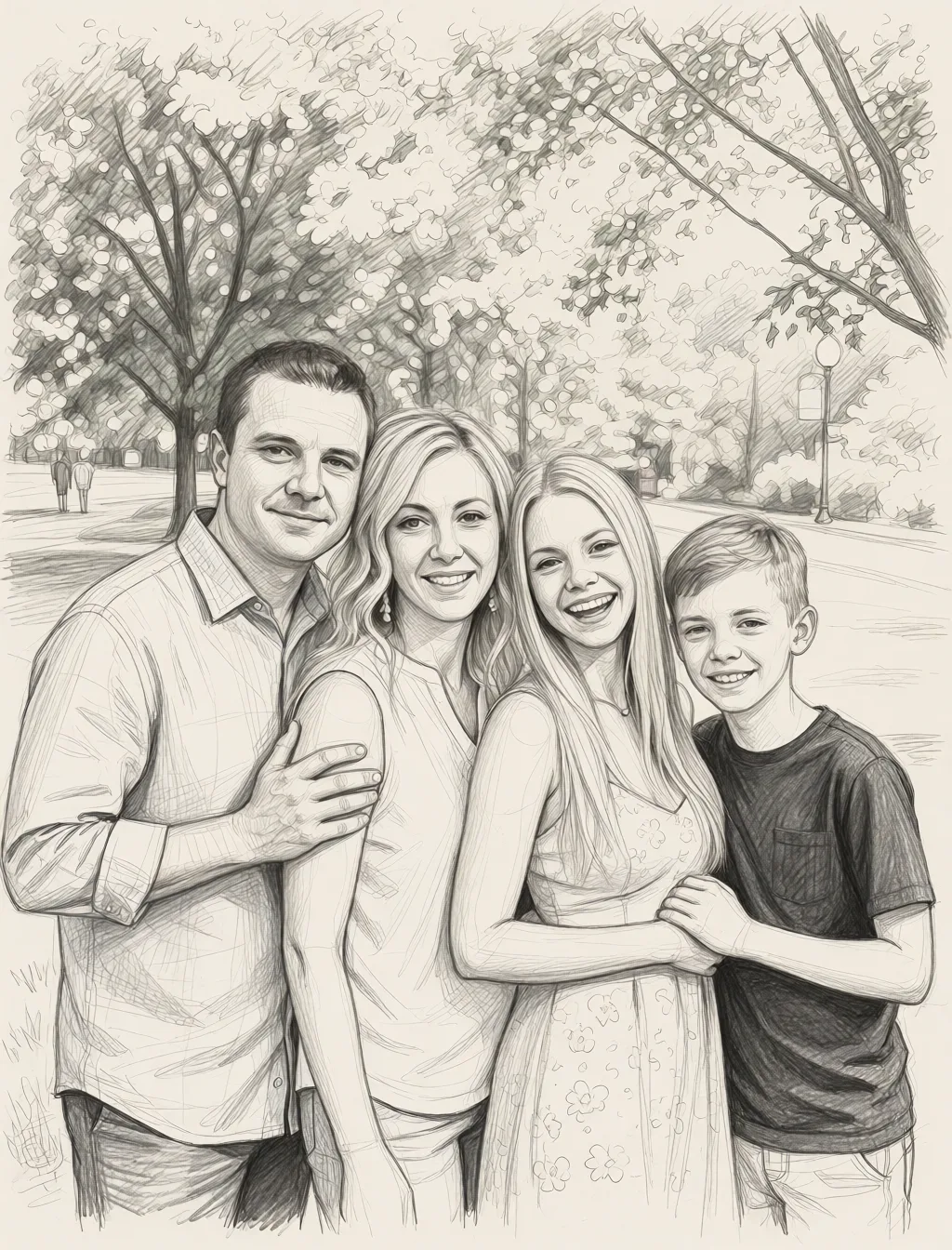 Redraw the entire picture as a hand-drawn graphite sketch on off-white paper: visible pencil strokes, cross-hatched shading, loose construction lines and no colour beyond the grey of the pencil and the tone of the paper. The background is drawn in the same style. Nothing in the frame keeps its photographic appearance. Above all, the picture must show: group_sex.