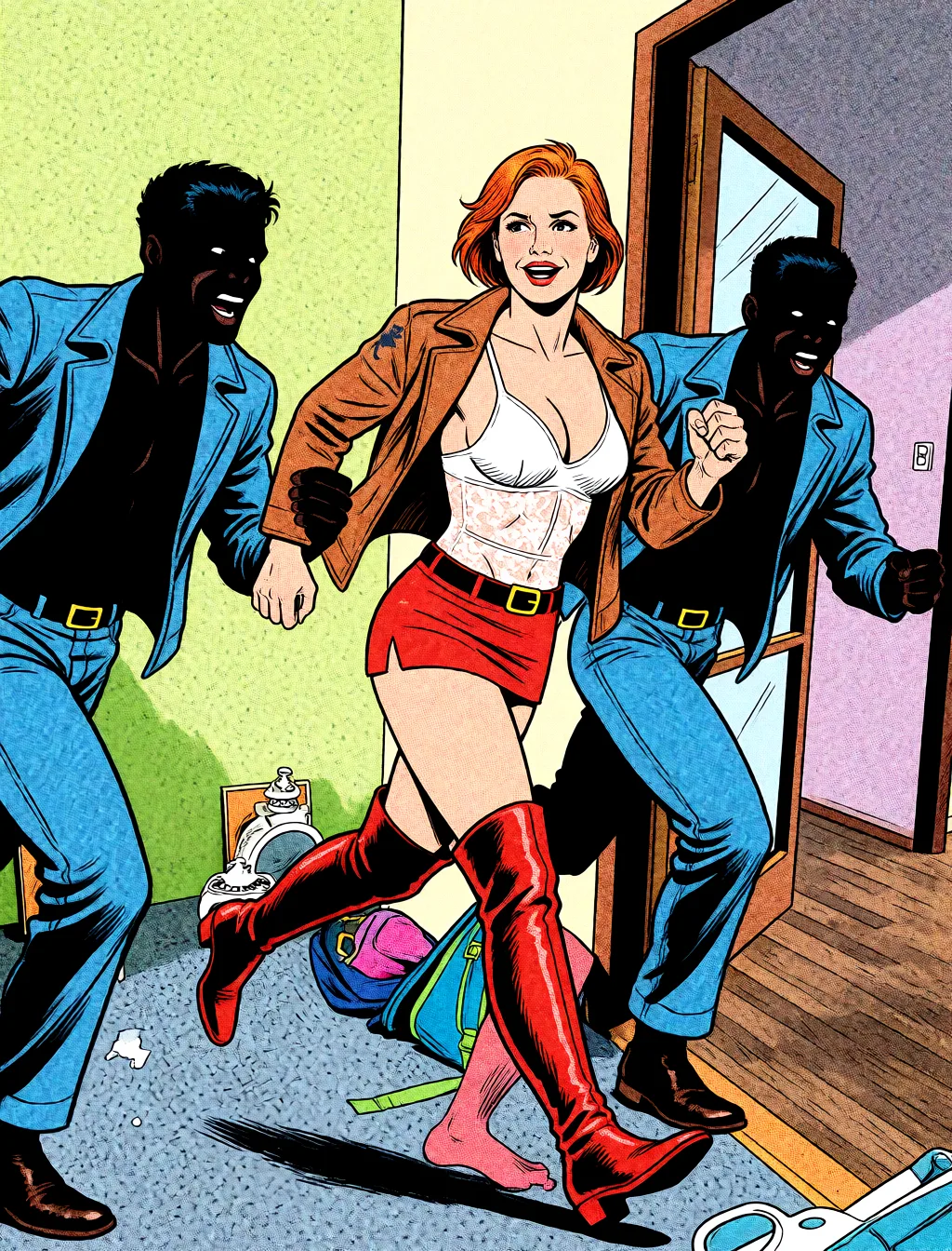 Redraw the entire picture as western comic-book art: heavy black inked outlines, hard-edged cel shading, limited high-contrast colour and visible halftone dot texture. The background is drawn in the same style. Nothing in the frame keeps its photographic appearance. Above all, the picture must show: the woman in over-the-knee boots and an extremely mini skirt, is being chased on the street by black men, but she enjoys it.