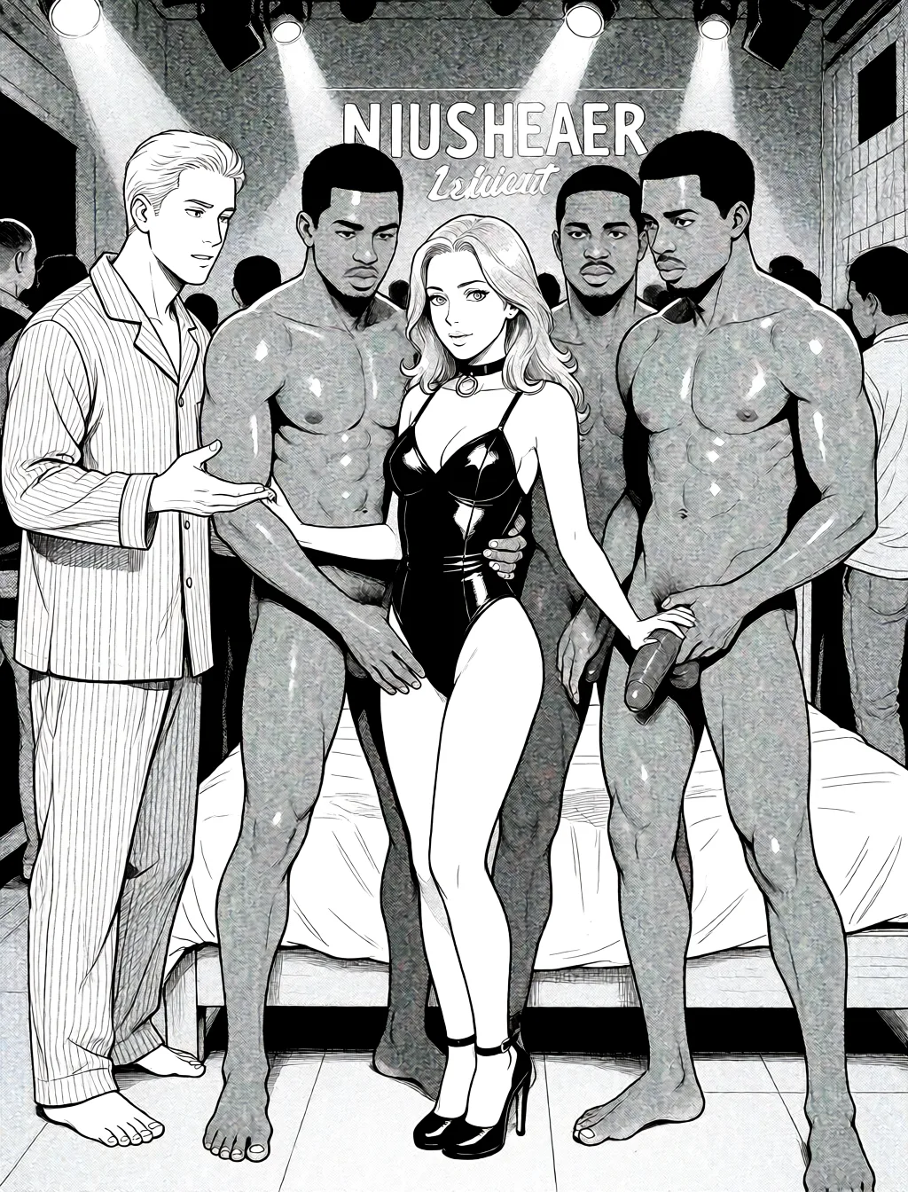 Redraw the entire picture as a black and white manga page: crisp black ink line art, no colour anywhere, flat halftone screentone shading, hatched shadows and clean white highlights, in the look of a printed manga panel. The background is drawn in the same style. Nothing in the frame keeps its photographic appearance. Above all, the picture must show: The slim little slut and redhead marriage slut stands dressed like a marriage slut in front of a nightclub where only black nigger men are and lets herself be groped by everyone, white hubby watches.