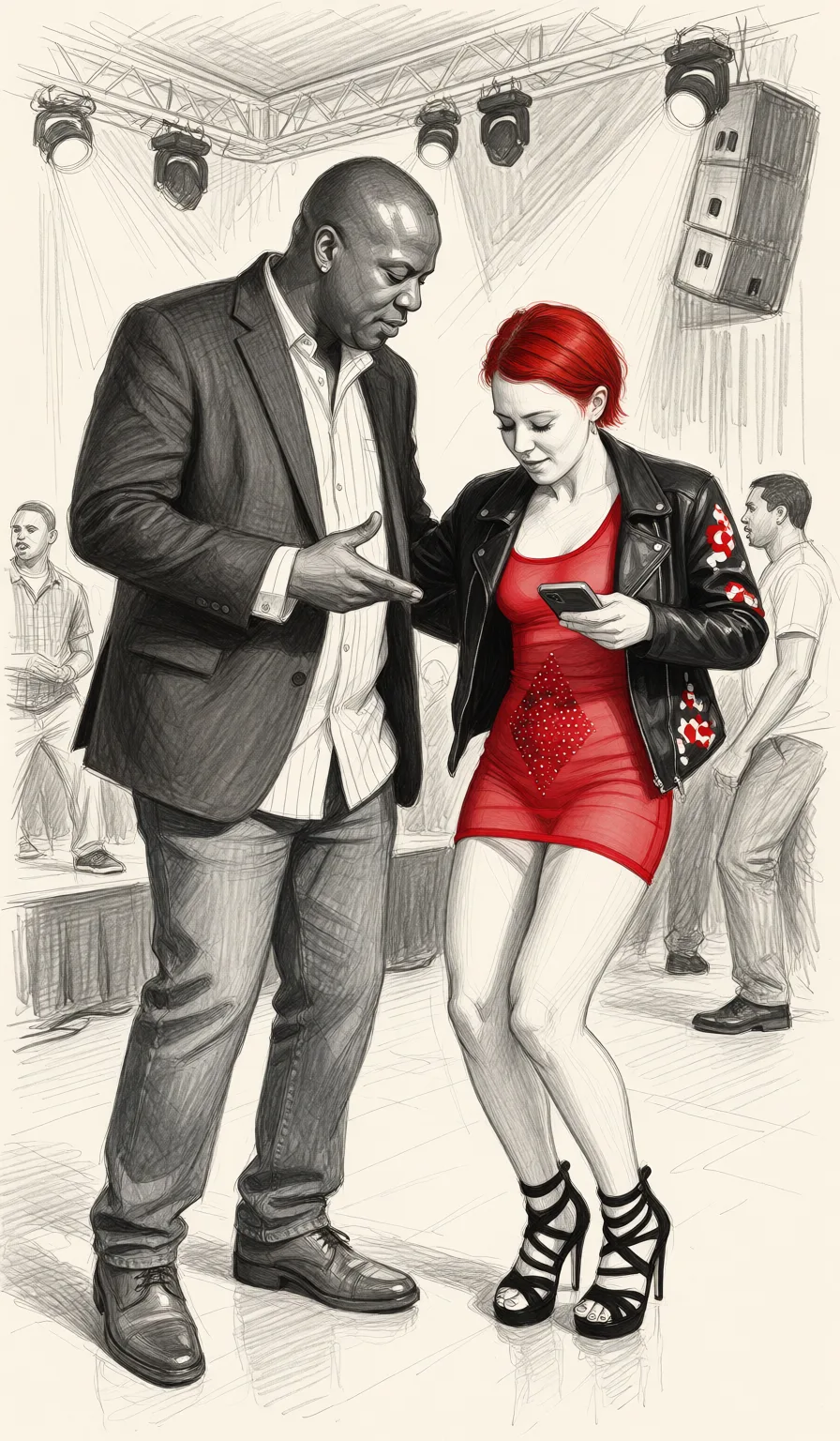 Redraw the entire picture as a hand-drawn graphite sketch on off-white paper: visible pencil strokes, cross-hatched shading, loose construction lines and no colour beyond the grey of the pencil and the tone of the paper. The background is drawn in the same style. Nothing in the frame keeps its photographic appearance. Above all, the picture must show: The red-haired woman is dancing in the club with big African men on the stage in the club. She is wearing a tight, see-through dress with no underwear, and the white husband has to watch.