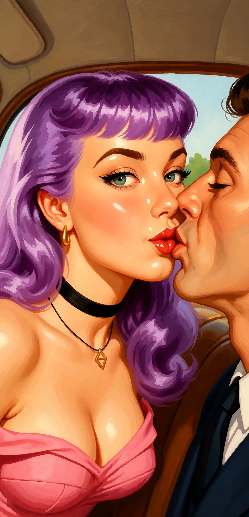 Redraw the entire picture as a retro pin-up illustration: smooth airbrushed gouache paint, warm saturated mid-century colour, clean confident outlines and glamorous stylised features, in the look of a 1950s pin-up poster. The background is painted in the same style. Nothing in the frame keeps its photographic appearance. Above all, the picture must show: Smiling then leaning in to blow a man.