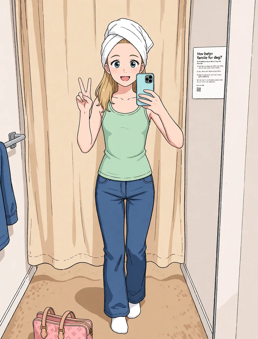 Redraw the entire picture as a hand-drawn anime illustration in flat cel-shaded anime style. It stays the same person with the same face, the same expression, the same hair and the same skin tone, and every other detail of the photograph is kept exactly as it is: nothing is added, removed, moved, uncovered or recoloured. Only the medium changes, and no part of the picture is left photographic. Above all, the picture must show: naked_towel.