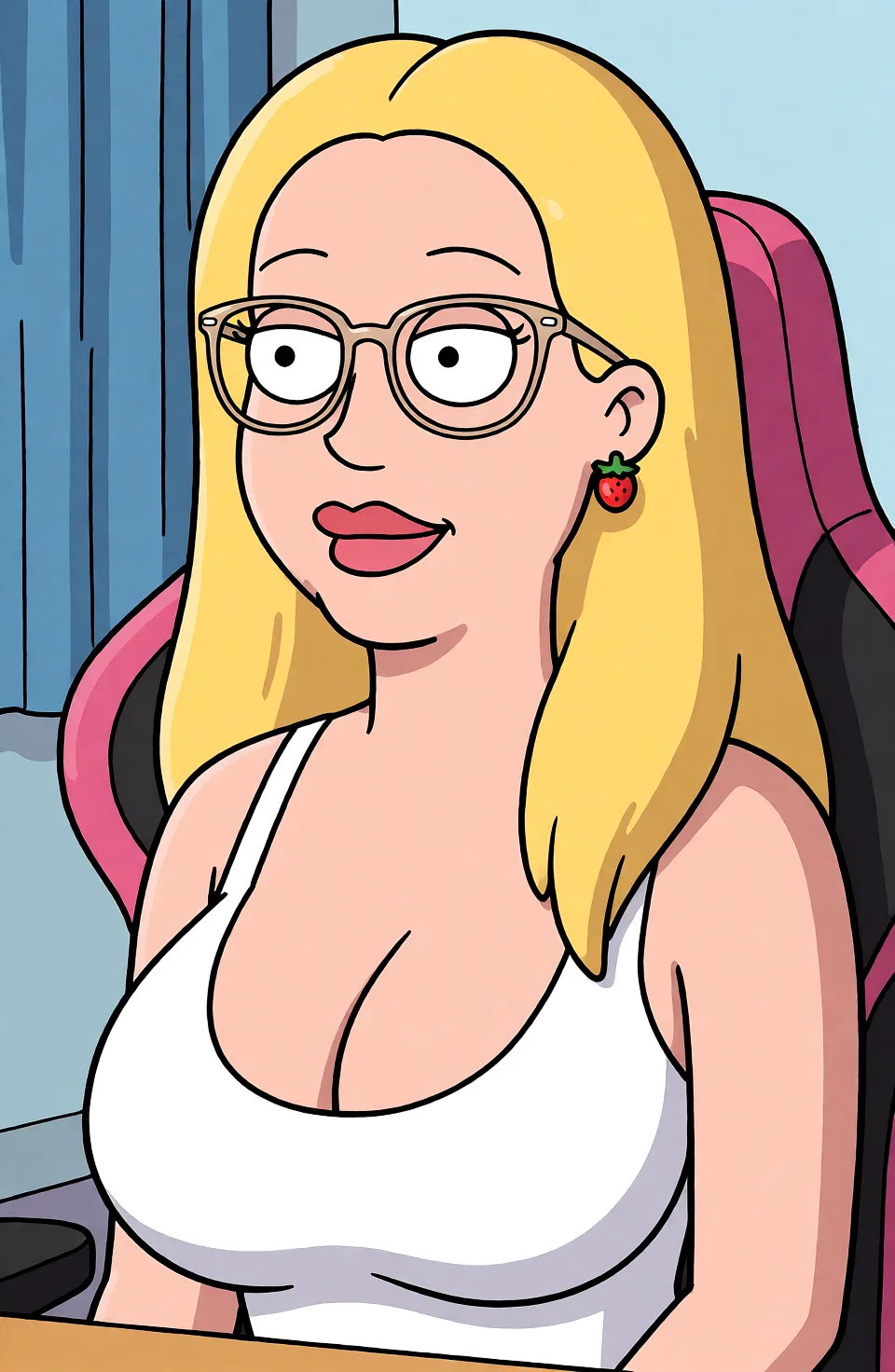Redraw the entire picture as a western animated cartoon cel: thick even outlines, flat bright blocks of colour, simplified rounded shapes and hard-edged shadows, in the look of a television cartoon rather than of a camera. Keep the woman's adult proportions and adult figure exactly as they are; only the drawing style changes. The background is drawn in the same style. Nothing in the frame keeps its photographic appearance. Above all, the picture must show: Remove the text and mic and make her have big tits.