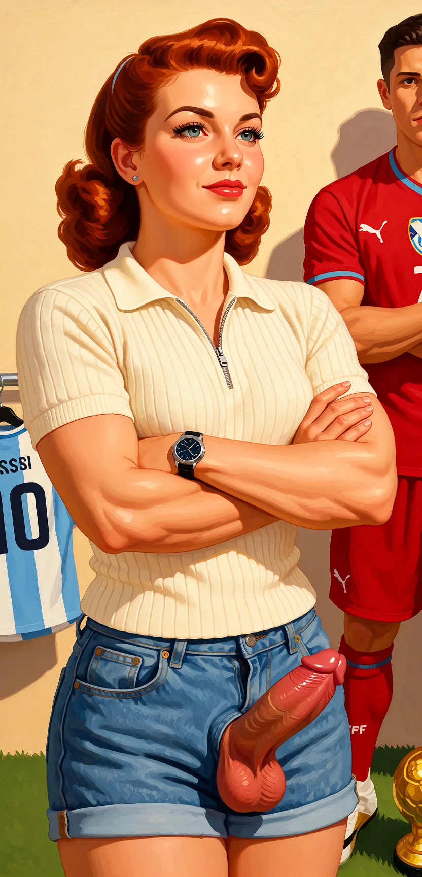 Redraw the entire picture as a retro pin-up illustration: smooth airbrushed gouache paint, warm saturated mid-century colour, clean confident outlines and glamorous stylised features, in the look of a 1950s pin-up poster. The background is painted in the same style. Nothing in the frame keeps its photographic appearance. Above all, the picture must show: huge_penis sweat muscular.
